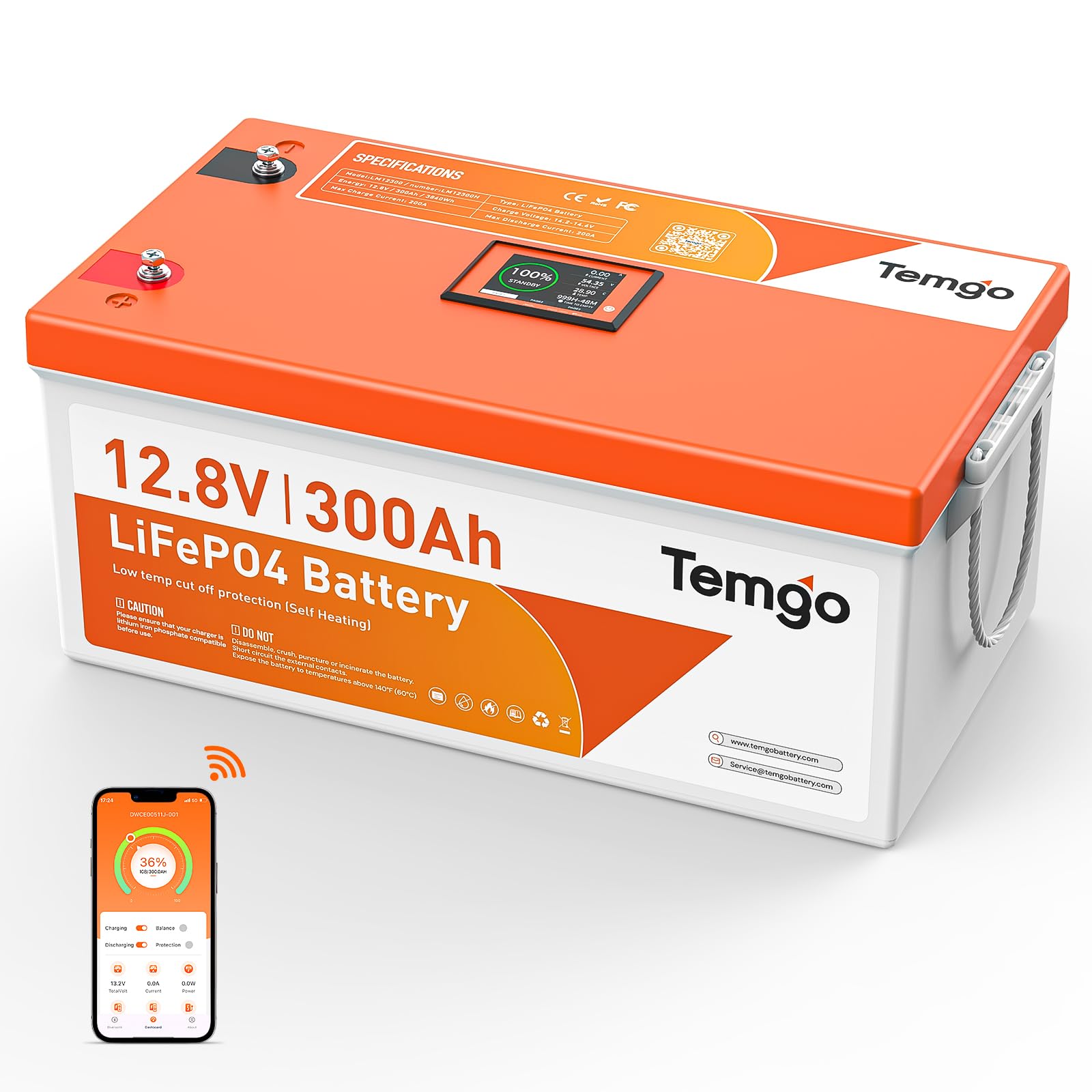 TEMGO 12V 300Ah Self-Heating LiFePO4 Lithium Battery with Smart Touch Screen &amp; Bluetooth App, Low-Temp Protection, Built-in 200A BMS, 3840Wh Energy, 5000+ Cycles, for RV, Camper, Solar, Off-Grid