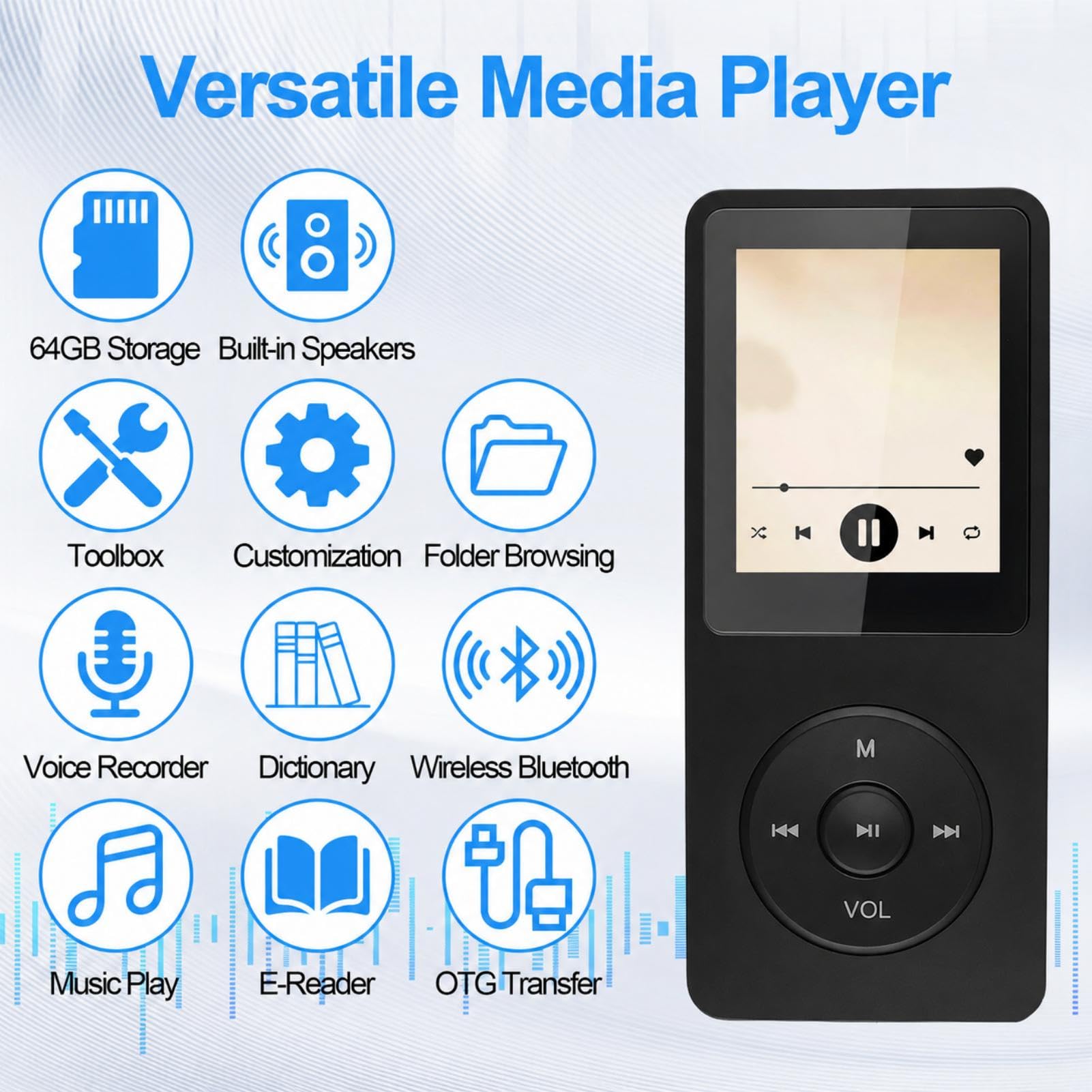 Reproductor MP3 64GB Bluetooth 5.3, MP3 Player Bluetooth con Radio FM y Altavoz, HiFi Música sin Pérdidas, Grabadora de Voz, Ebook, Soporte MicroSD 128GB, Wired Earphones and OTG Adapte
