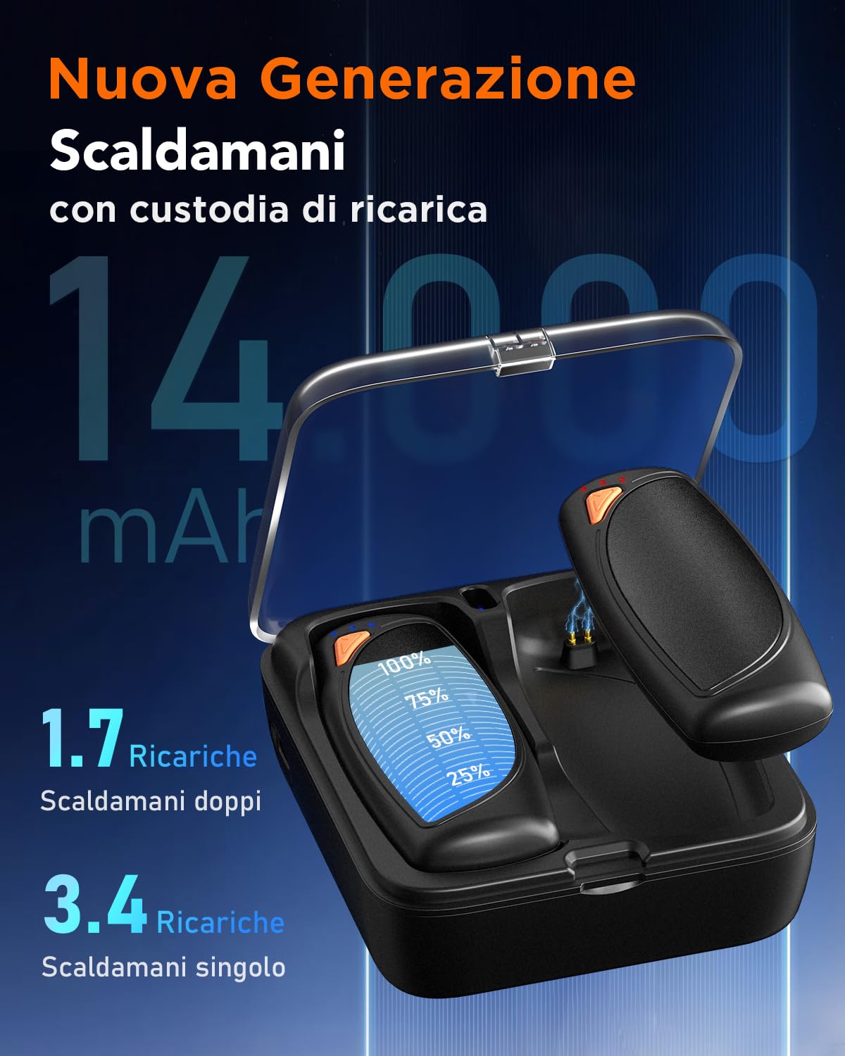 Lepwings Scaldamani Elettrico Portatile 2 Pezzi con Custodia di Ricarica, 14.000 mAh Scaldamani Ricaricabile Riutilizzabile, 3 Modalità di Riscaldamento Bifacciale,Regali Invernali per Esterno
