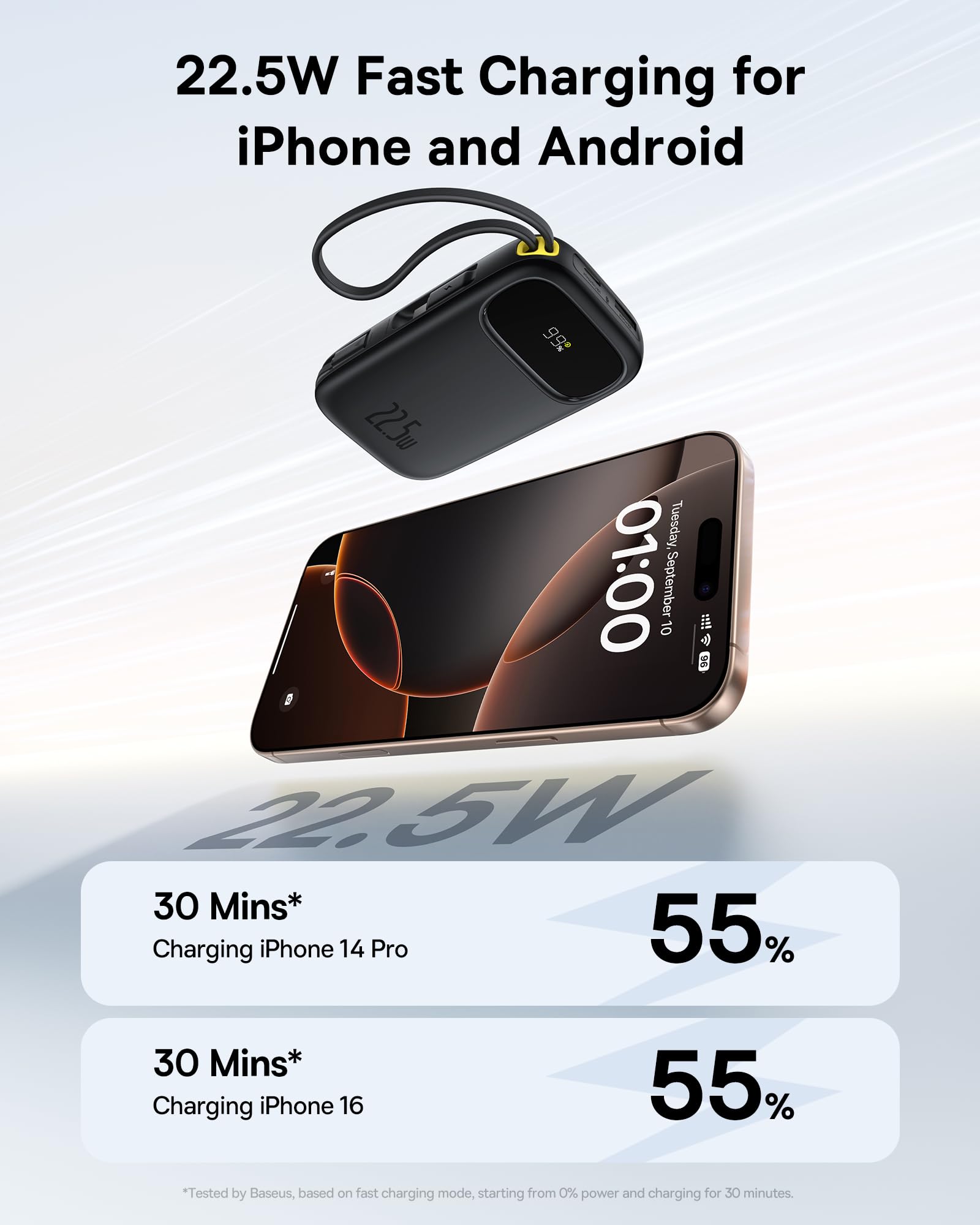 OS-Baseus EnerFill FC31 Powerbank con display digitale con 2 cavi integrati, 20.000 mAh 22,5 W, nero cosmico