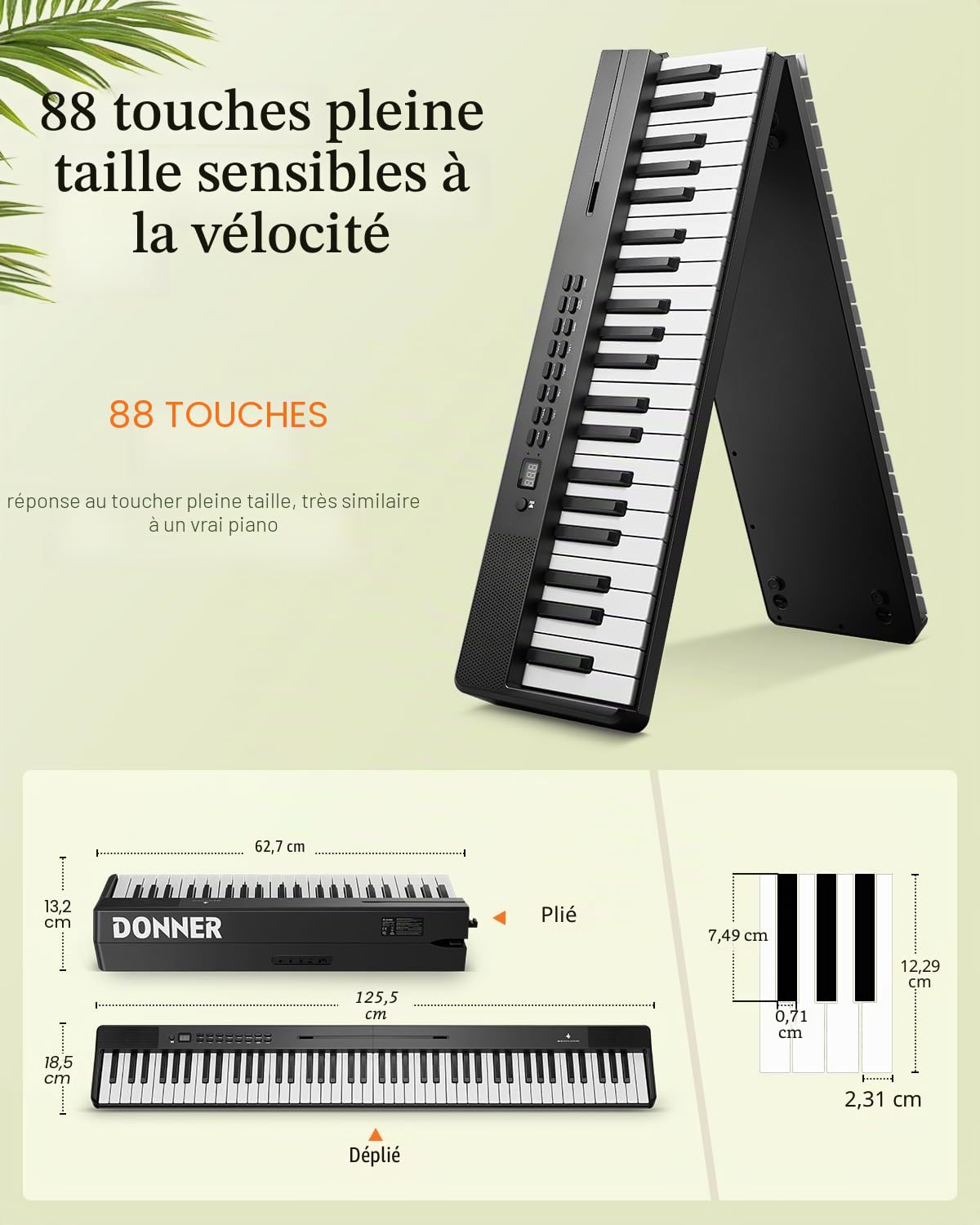 Donner DP-10 clavier de piano portable 88 touches pour débutant, clavier de piano pliable Bluetooth avec pédale, sac de piano, noir