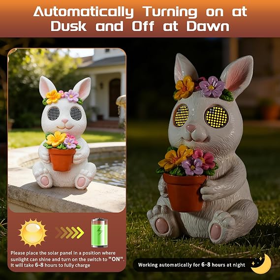 Garden Statues Rabbit with Solar Moving LED Eyes Outdoor Bunny Figurines Decorations for Patio Yard Lawn Ornaments Gifts for Birthday Easter Housewarming (Bunny)