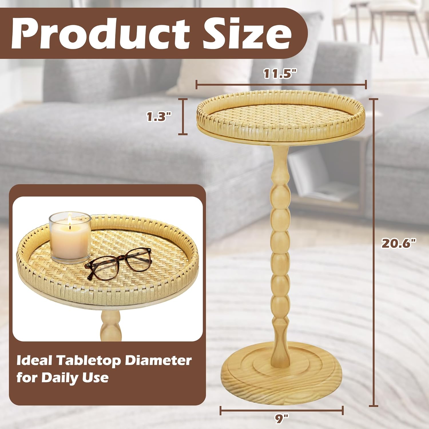 Drink Table,21" H Rattan Small Side Table with Solid Wood Leg Stand, Boho Accent Cocktail Tables for Small Spaces,Round End Table for Living Room,Bedroom and Corners