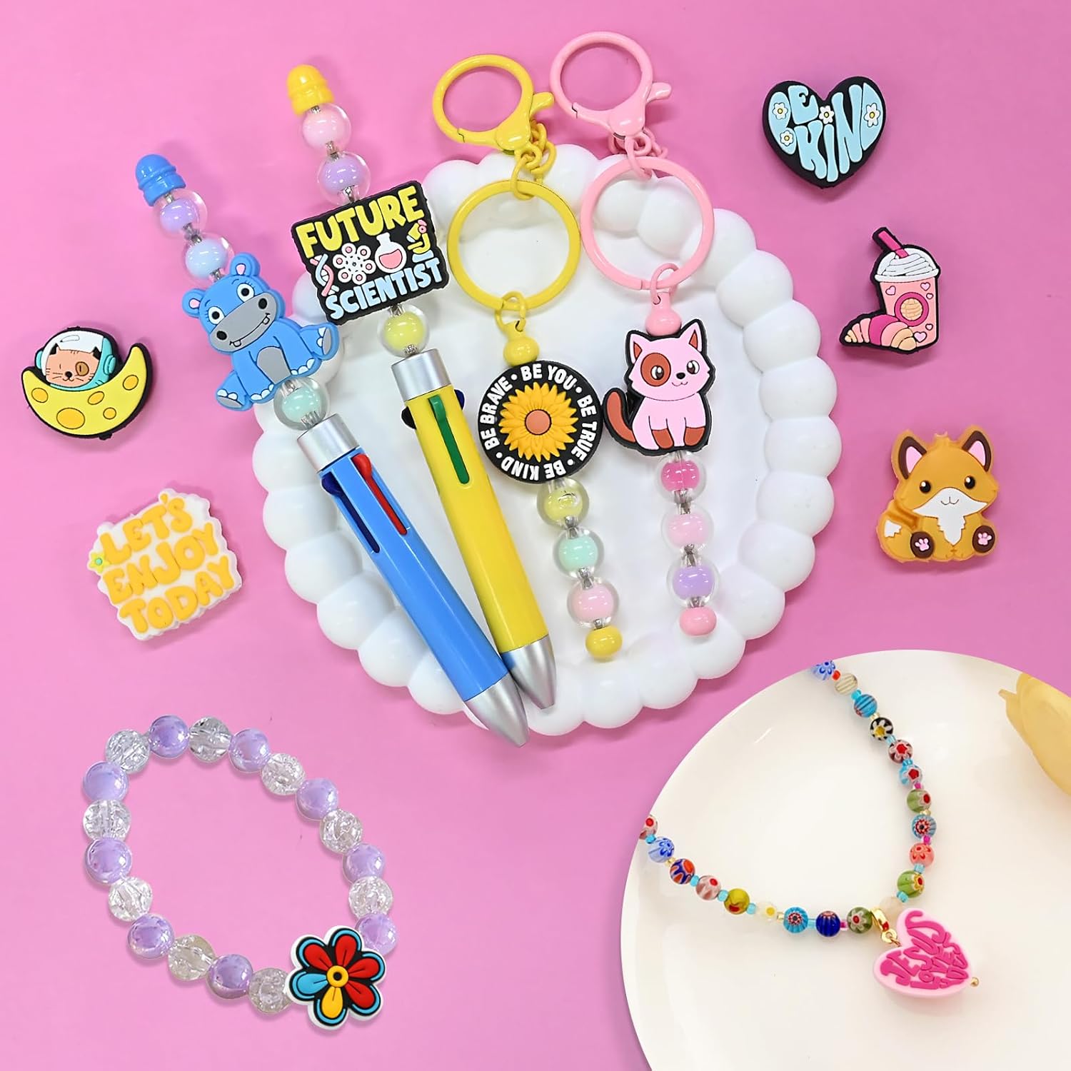 300Pcs Silicone Focal Beads Bulk, Different Random Mix Collections Teacher Character Animal Cartoon Focal Beads for Pens Keychains DIY Jewelry Making
