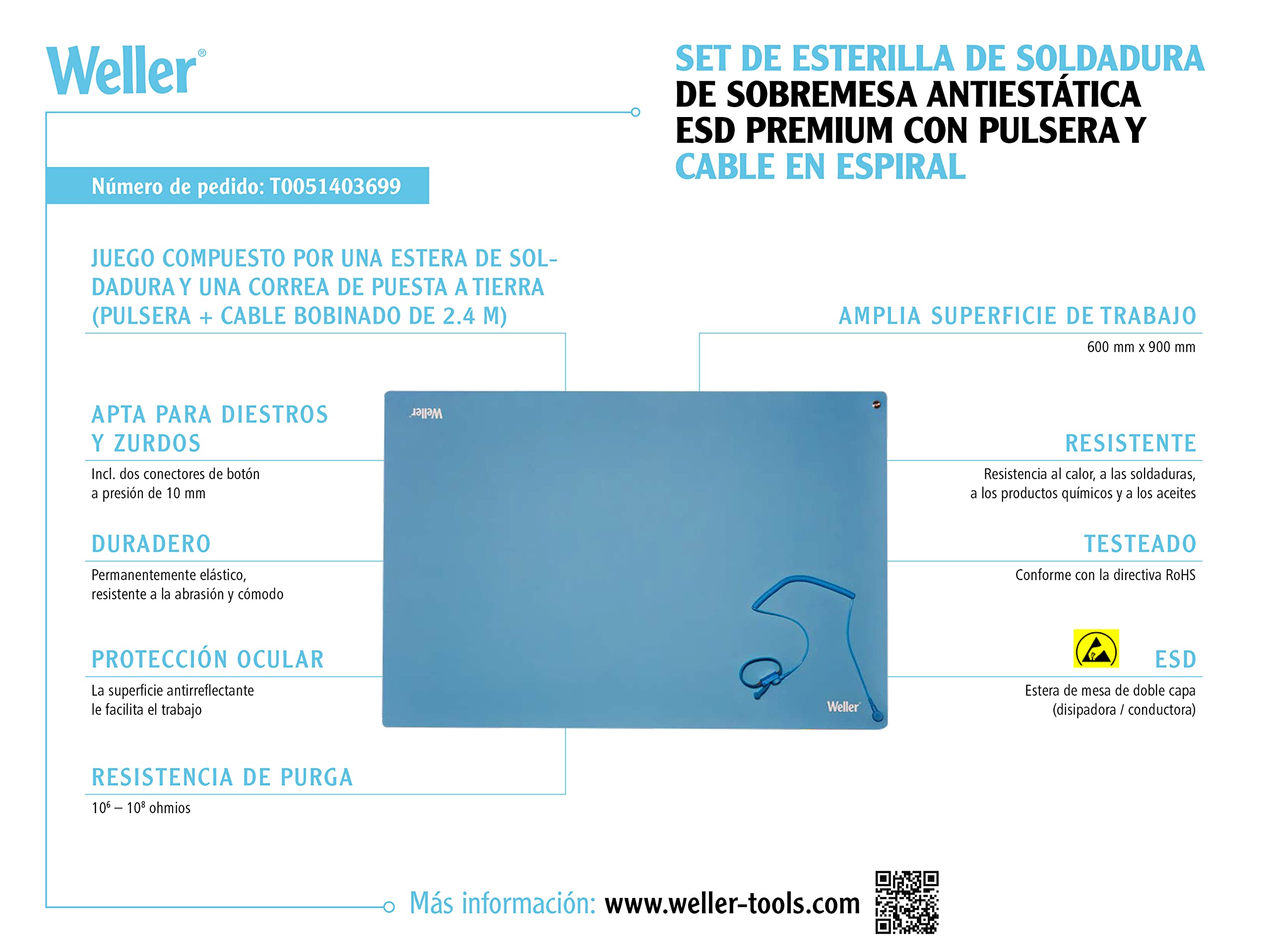 Weller WE 1010 (T0053298699) 70 W/230 V Digital 1-Kanal-Lötstation und Antistatische ESD Premium Tisch-Lötmatten Set, 900 x 600 mm, Blau
