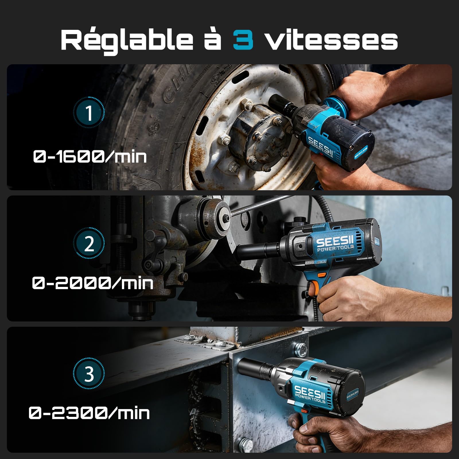 Seesii Clé à Chocs Sans Fil 1/2" 1600N·m 21V avec Poignée Détachable 2×4,0Ah