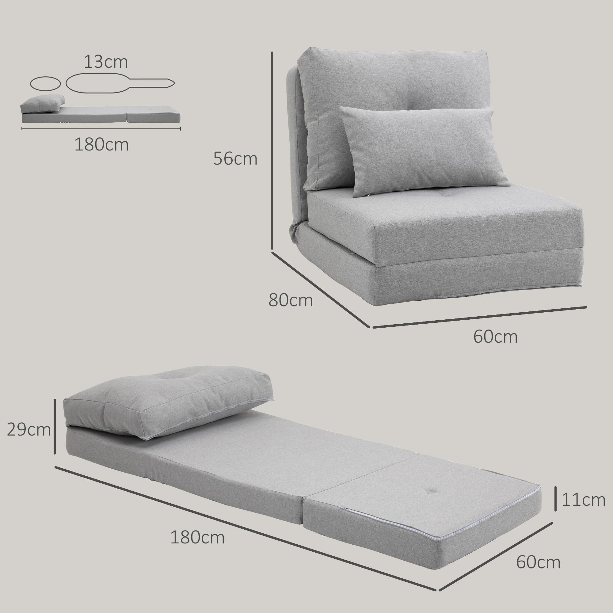 HOMCOM 2w1 Fotel do spania składany z łóżkiem 60x80x56 cm Szary