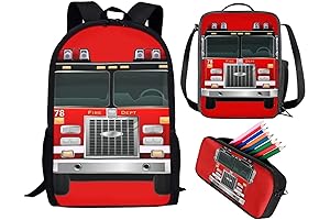 Firetruck Backpack: 3 Pcs School Bag Set with Thermal Insulated Lunch Tote Purse Pencil Case