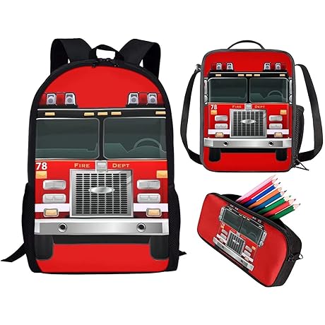 Firetruck Backpack: 3 Pcs School Bag Set with Thermal Insulated Lunch Tote Purse Pencil Case