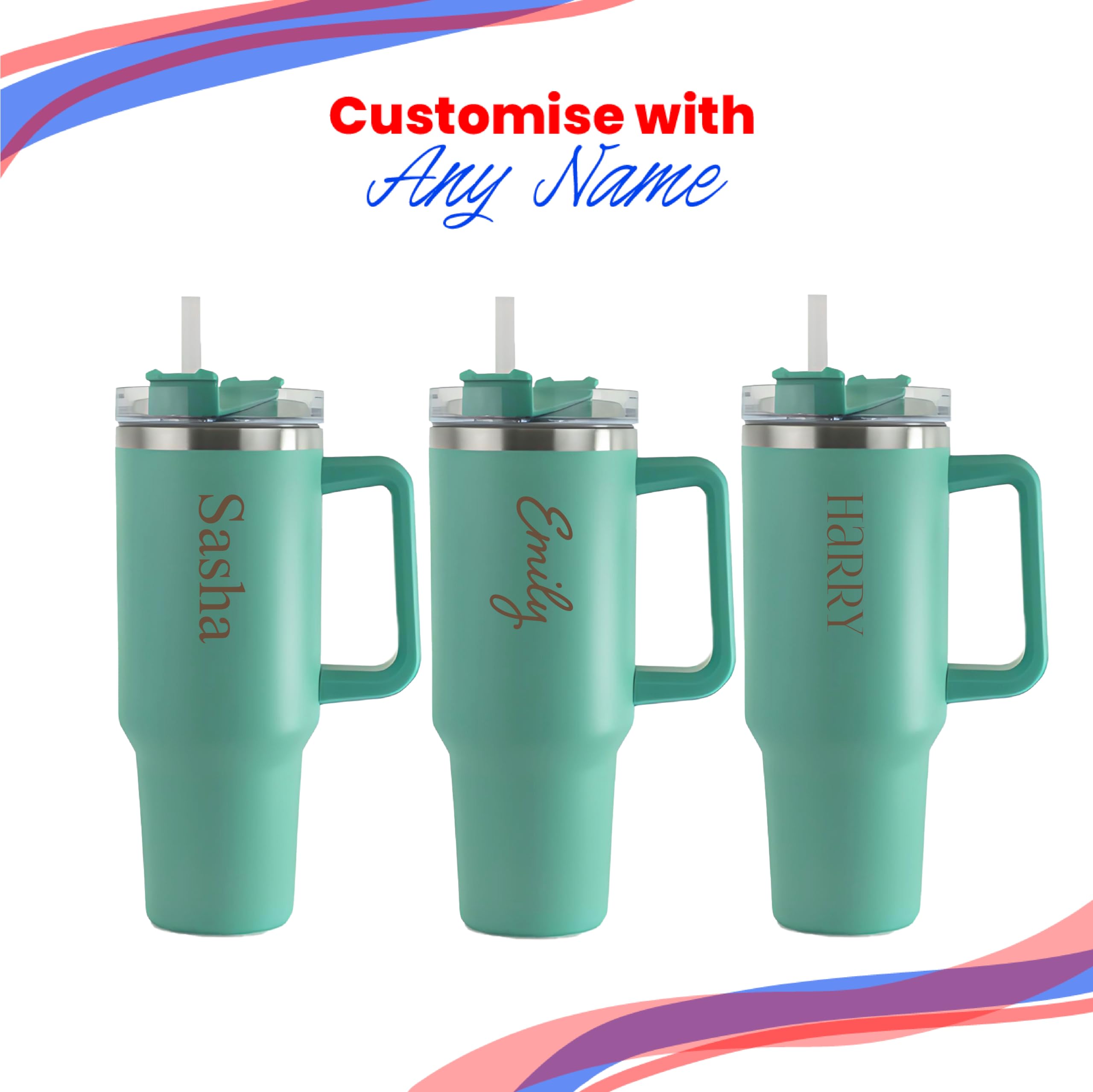Gobelet isotherme gravé personnalisable, 1135 ml, grande tasse à café de voyage bleu sarcelle, personnalisable avec n'importe quel nom et police de caractère, en acier inoxydable, paille et poignée