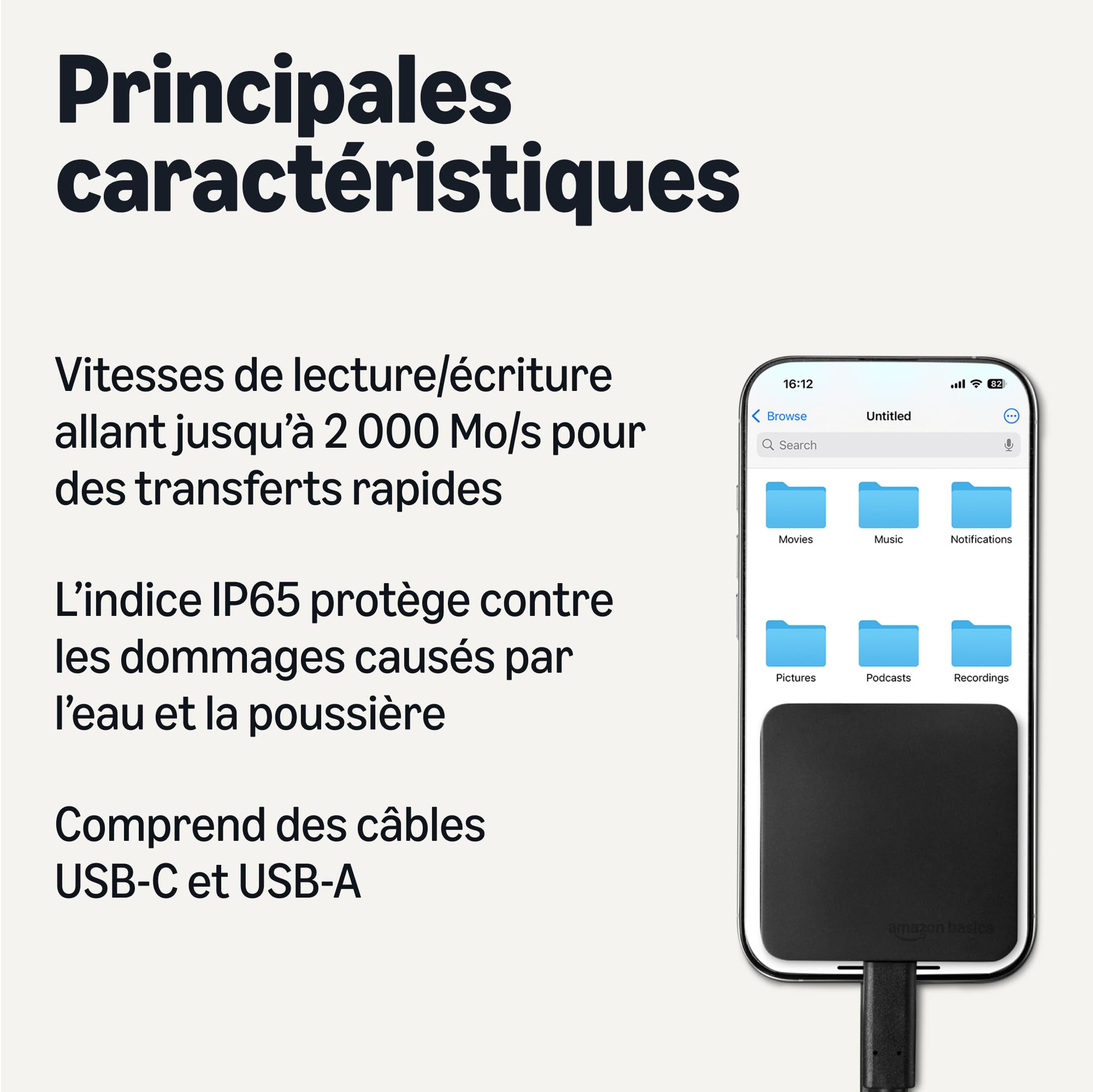 Amazon Basics Disque SSD Externe Portable 1To USB 3.2 Gen 2 2000Mbit/s IP65 Noir