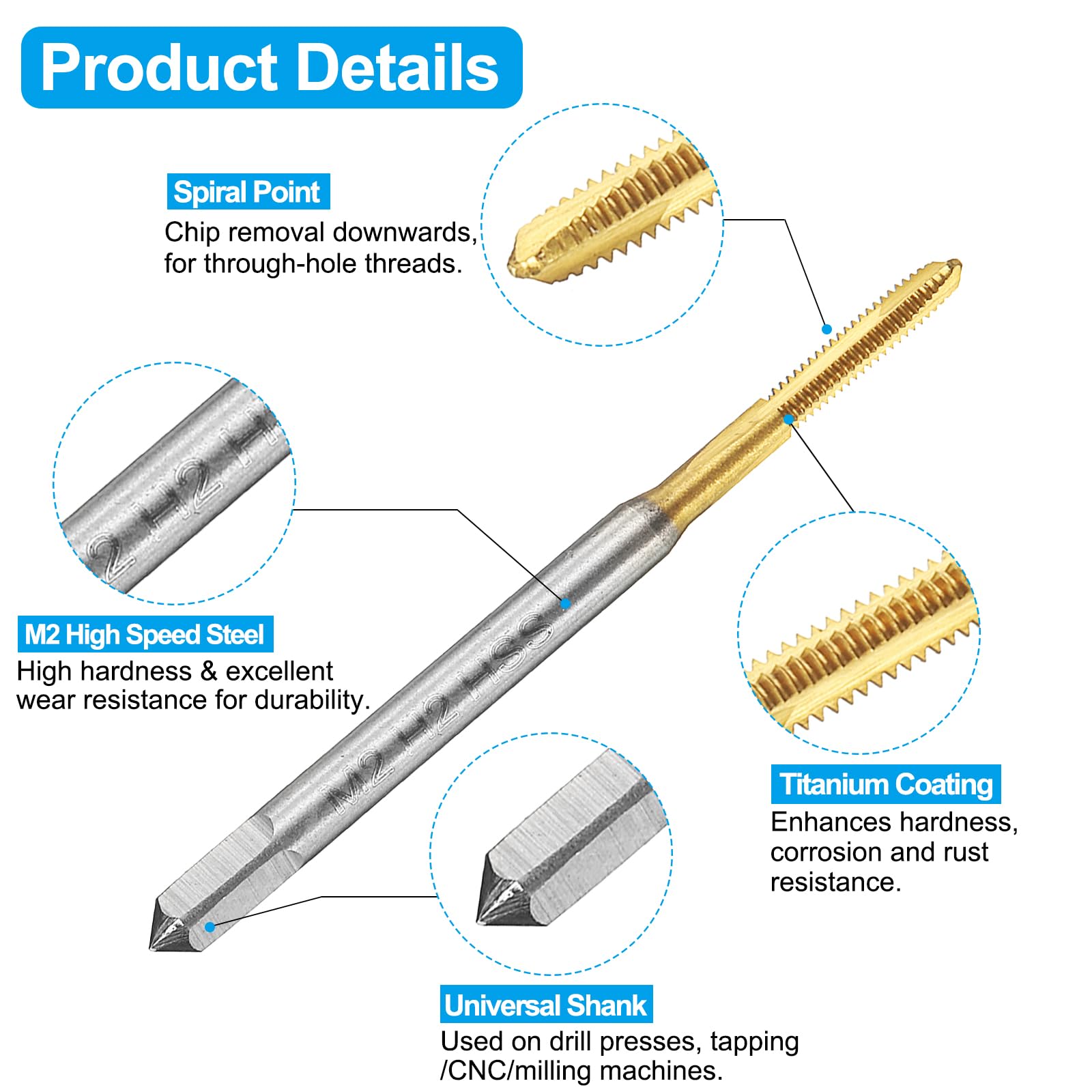 Set di Maschi e Punte da Trapano, 4 Maschi per Filettatura a Spirale metrica M2 x 0,4 e 4 Punte elicoidali da Trapano da 1,6 mm, rivestite in Titanio/Giallo tostato HSS-6542/M35 HSS-CO.