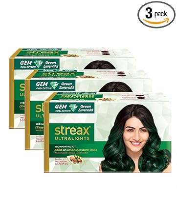Streax Ultralights Highlighting Kit For Women & Men | Contains Walnut & Argan Oil | Shine On Conditioner | Longer Lasting Highlights | Gem Collection - Green Emerald, 120 ml (Pack of 3)