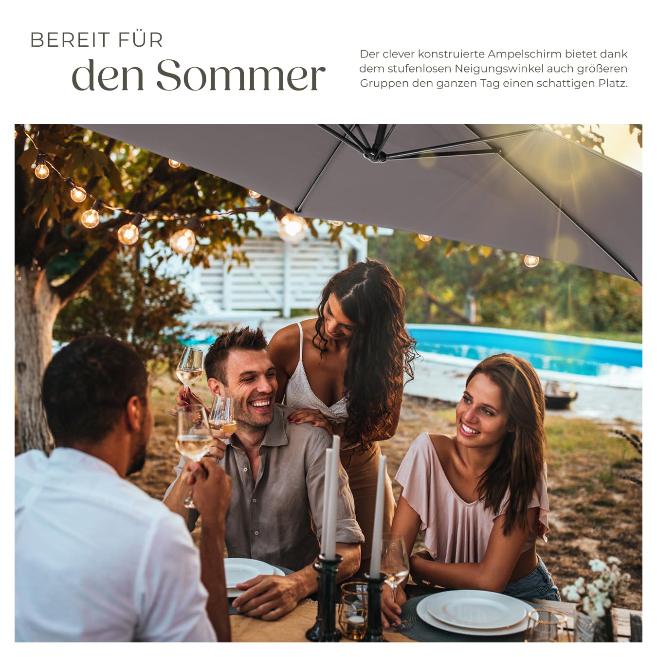 tectake Sonnenschirm mit Ständer, Ø 350 cm, Sonnenschutz für Balkon, Garten und Terrasse inkl. Schutzhülle, Ampelschirm groß mit Kurbel-Seilsystem, Schirm mit stabilem Gestell - grau