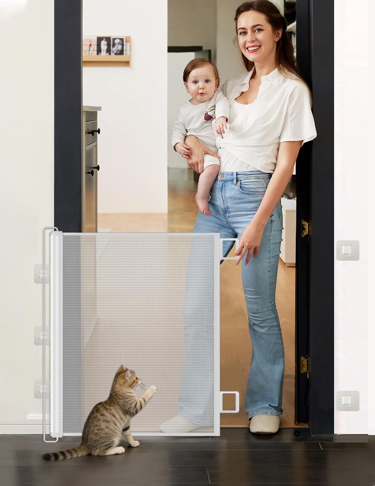 Barrière de Sécurité Chien Enfant Rétractable Extensible (110cm Blanc) | Sans Perçage, Pour Escaliers Portes Couloirs, Intérieur Extérieur, Hauteur Ajustable