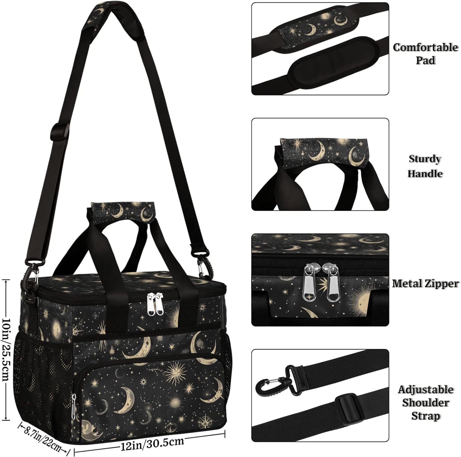 Large Lunch Bag Women Insulated, Portable Cooler Bags Insulated for Travel, Men Lunch Box with Compartments, Lunch Tote Bag with Shoulder Strap for Work, Picnic (Moon & Stars Black)