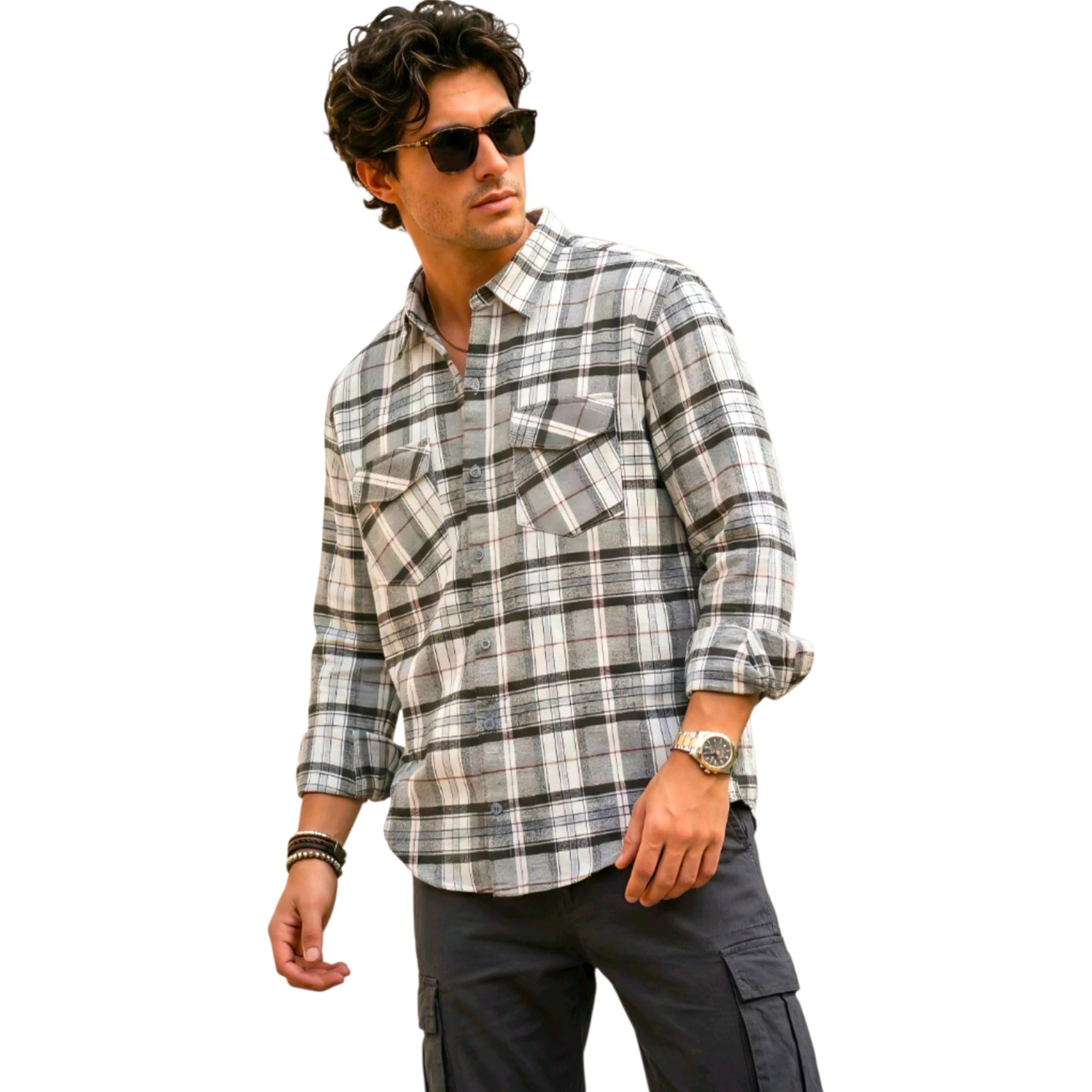 Men's Double Pocket Checkered Casual Shirt-picture-25