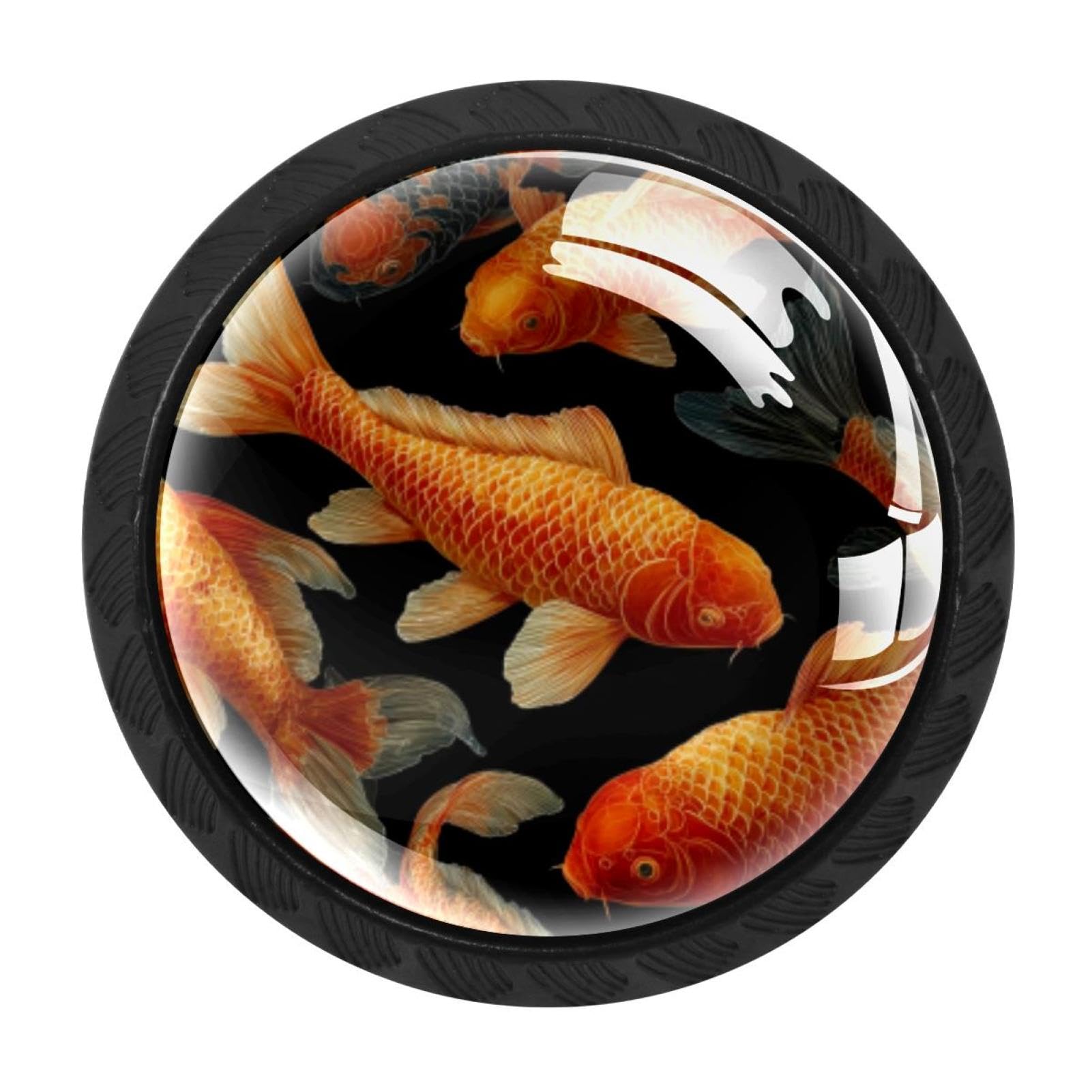CHENZZZZ 4 Pack Drawer Knobs, Black Handle Dresser Drawer Pulls, Round Decoration Cabinet Hardware Pulls with Screws for Kitchen Cupboard Wardrobe, Fish. Koi Carp Pattern (10)