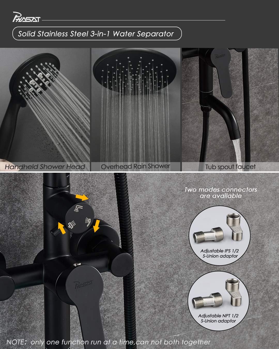 Outdoor Shower Fixtures,Lead-Free SUS304 Stainless Steel Bathroom Faucet Set with Rainfall Showerhead,Handheld Shower,Wall Mount Adjustable Shower Bar,3 Function,Matte Black,CT8323-L,PHASAT
