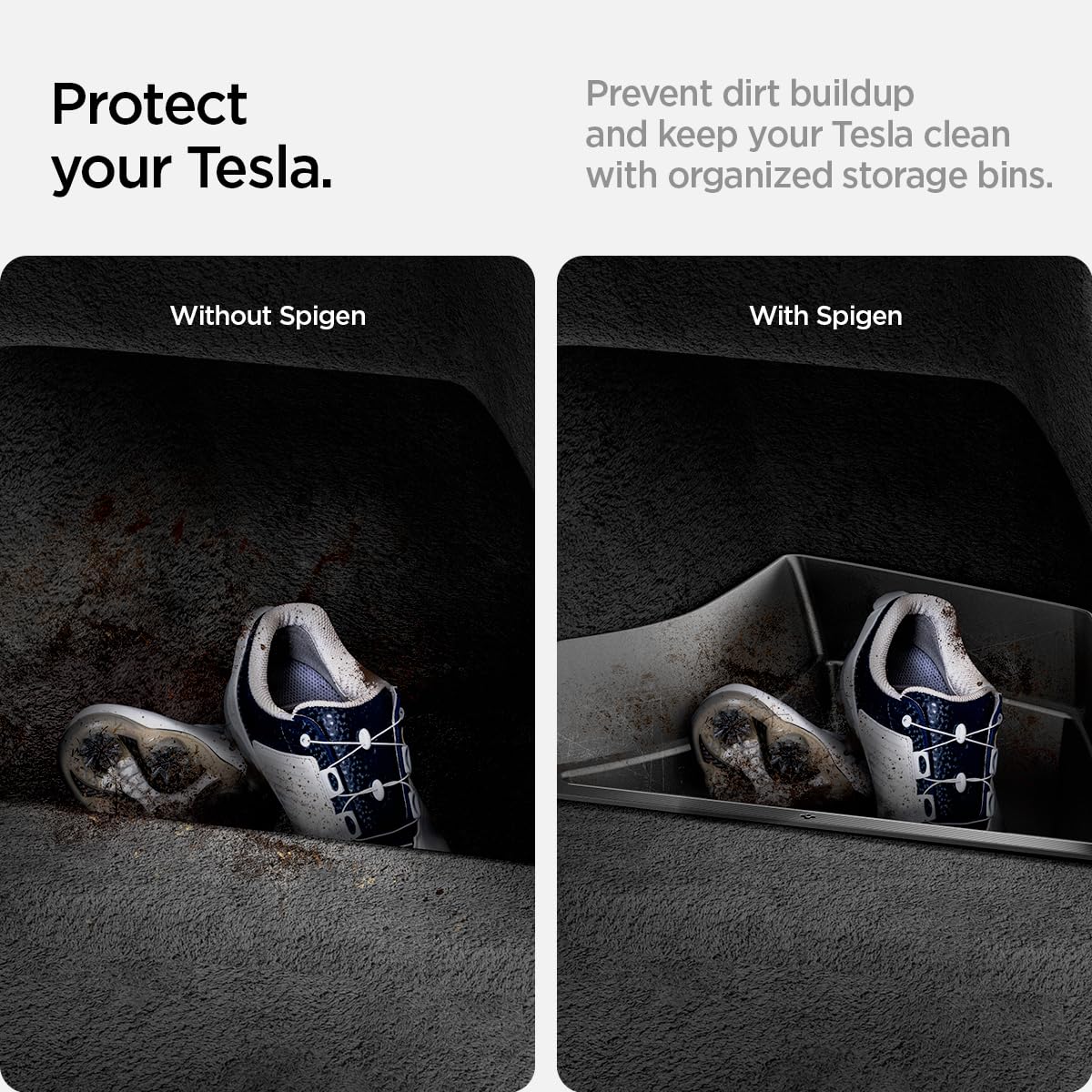 Spigen Tesla Model 3 Highland 2026 Organizador de Maletero de TPE [Paquete de 2] Rayas Antideslizante, Caja de Espacio de Almacenamiento, Diseñado para Accesorios Tesla Model 3