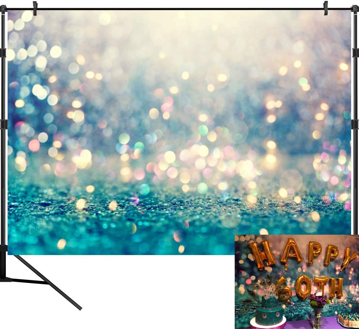 Sensfun Photography Backdrops for Pictures Teal Gold Glittering Spots Birthday Wedding Photo Background Vinyl Video Studio Photoshoot Backdrop Props 7ftx5ft