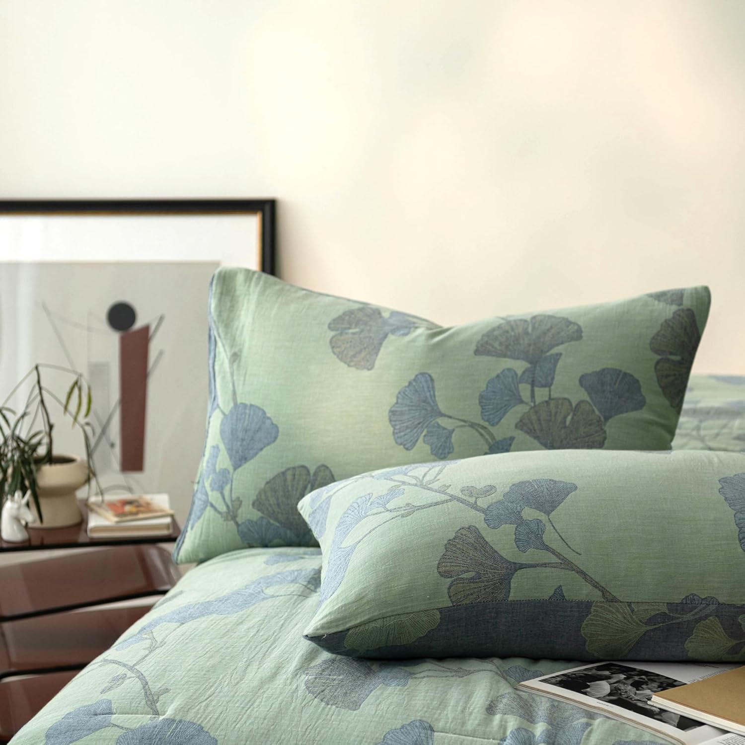 100% Cotton Muslin Jacquard Comforter Set, Floral Ginkgo Leaves Print, Soft Lightweight Reversible 3 Piece Bedding Sets for All Season, Green Blue, King(104"x90") - Image 6