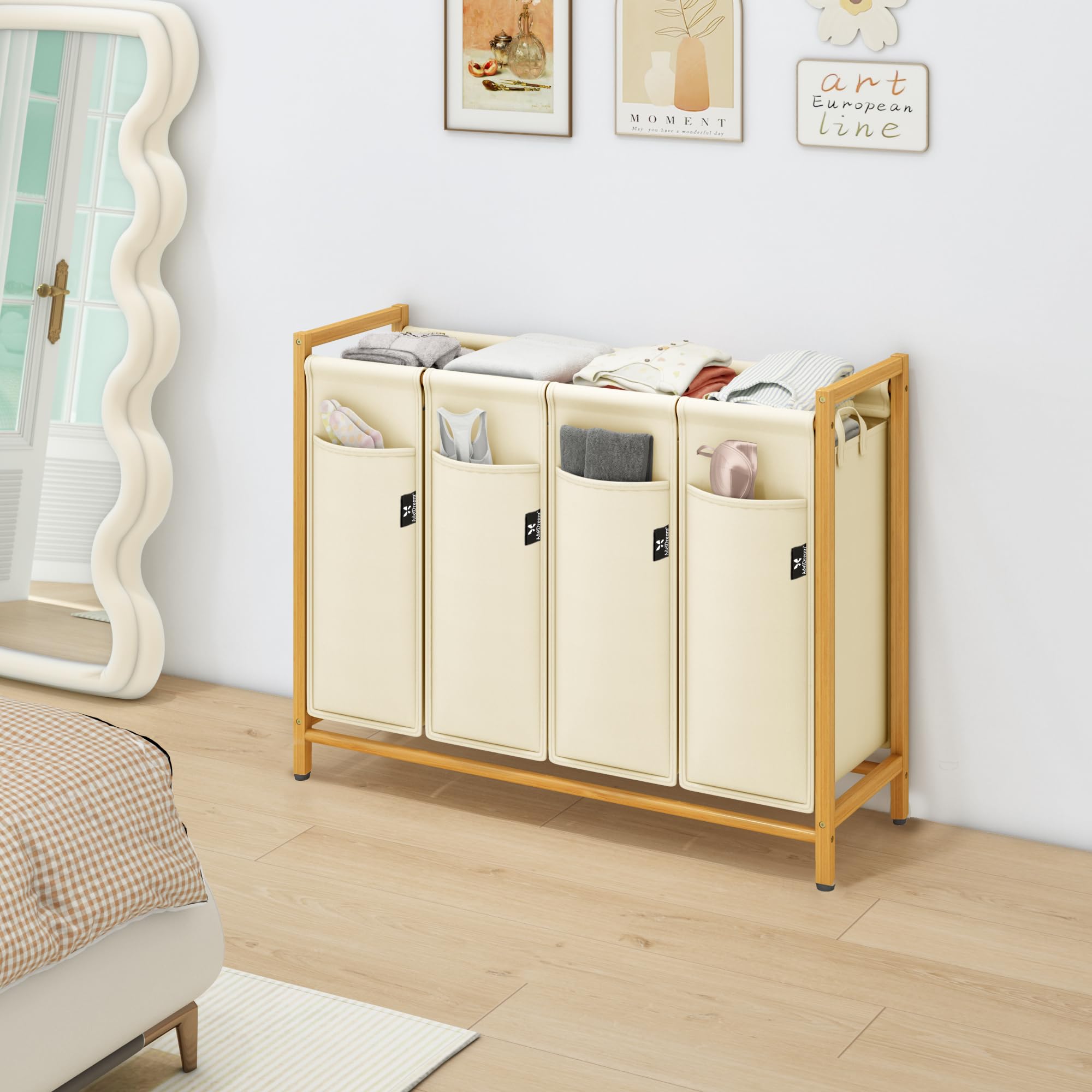 AdelDream Cesto de ropa clasificador de ropa con ruedas 4 compartimentos carro de lavandería con bolsas desmontables recolector de ropa bambú 200L color beige | Clasificador de ropa sucia 4 x 50L, bolsa extraíble, transpirable, beige