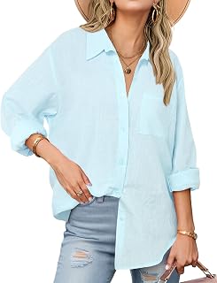 Womens Button Down Shirts Long Sleeve Cotton Gauze Tops Casual Collared Blouses Loose Fit