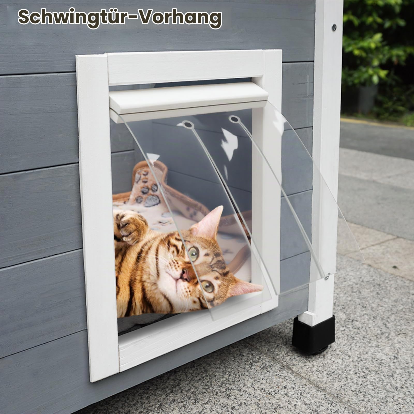 Holz-Katzenhaus für den Außenbereich mit wasserdichtem Asphaltdach, geeignet für Welpen und kleine Tiere (Grau + Weiß)