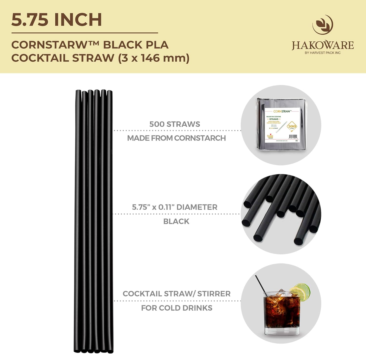 [500 COUNT] CORNSTRAW 5" Short Cocktail Straws, Black PLA Cornstarch Plastic-Free Disposable Small Drink Stirrer, Swizzle Sticks, Mixer, for Cold Drinks, whiskey, Bar, Club, Party - Image 3
