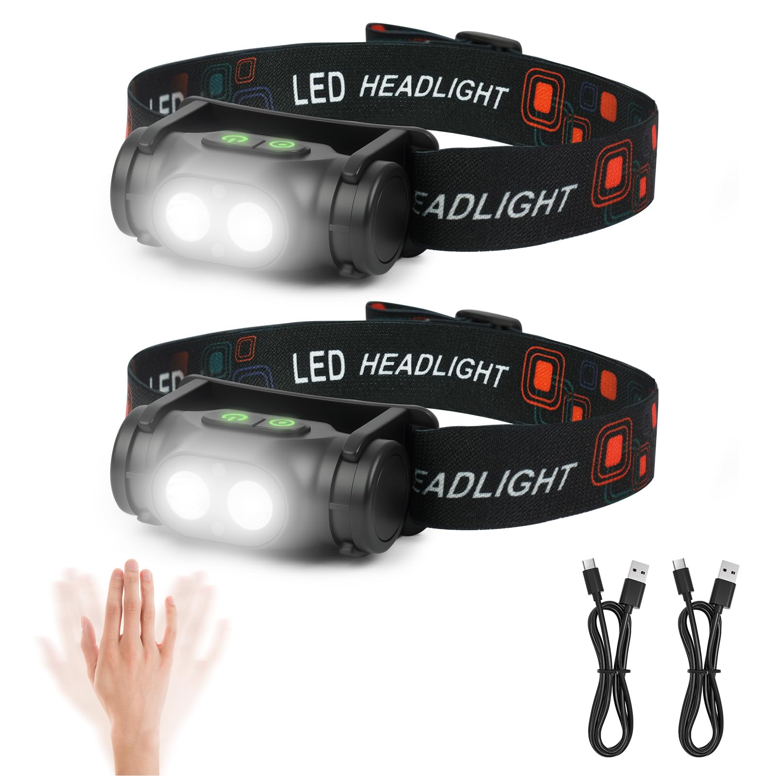 HOTUT LED Head Torch, 2 Pack Super Bright LED Headlamp with Motion Sensor and Magnetic Base, 3 Modes, Head Torch Rechargeable, IPX4 Waterproof, for Power Cuts, Emergency, Running, Hiking