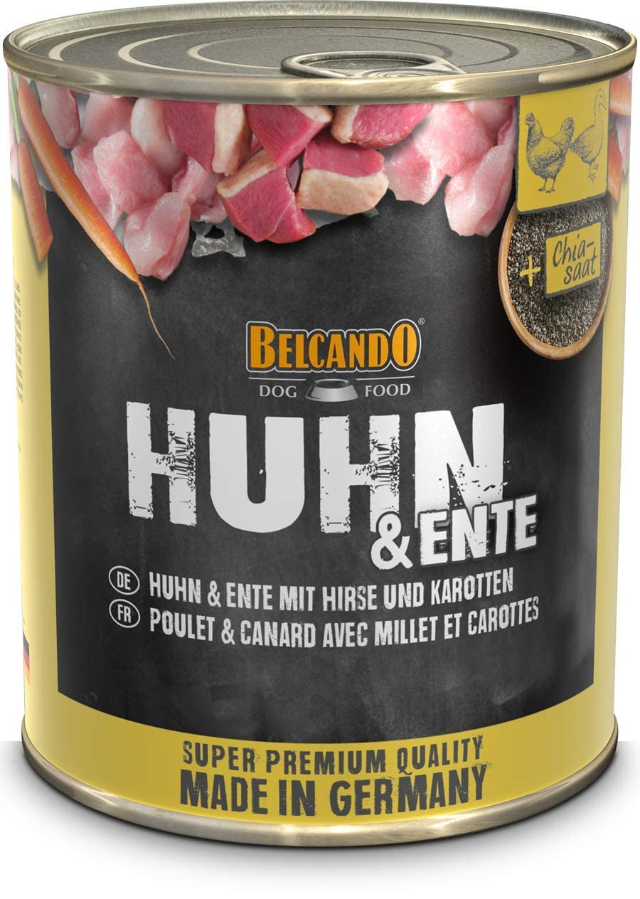 Belcando Super Premium lattina [6x800g Pollo & Anatra con miglio e carote] | Cibo umido per cani | Cibo umido in lattina | Alimento completo per cani di tutte le razze