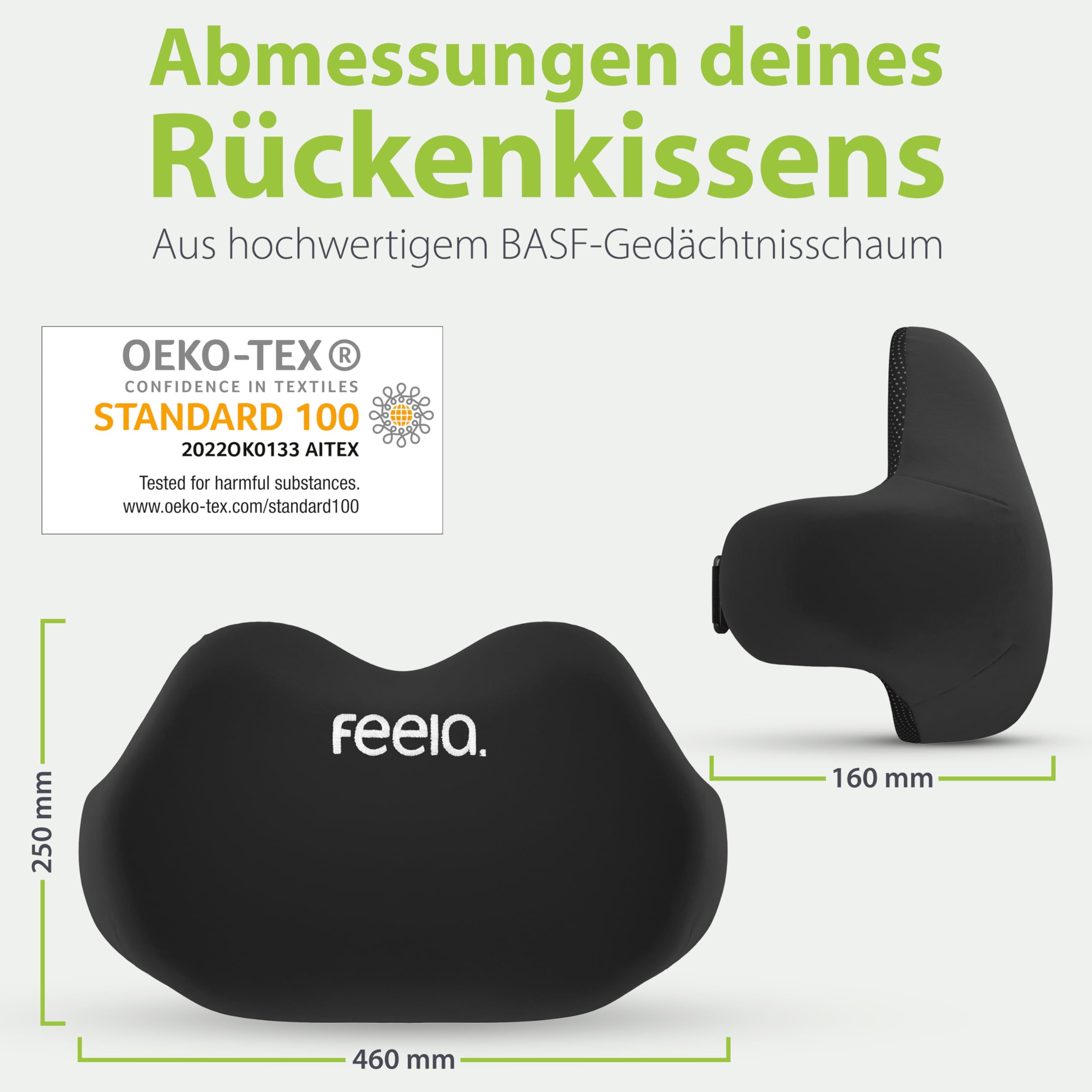 feela.® Ergonomisches Rückenkissen für Bürostuhl & Home-Office – Lendenkissen zur Haltungsverbesserung, Lendenwirbelkissen gegen Schmerzen beim Sitzen (Schwarz)