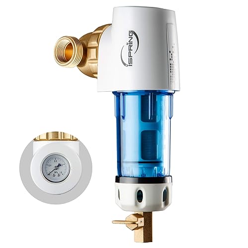 iSpring WSP100GR Reusable Spin Down Sediment Water Filter 100 Micron with Built-in Housing Scraper, 360 Rotatable Head, Pressure Gauge, Blue