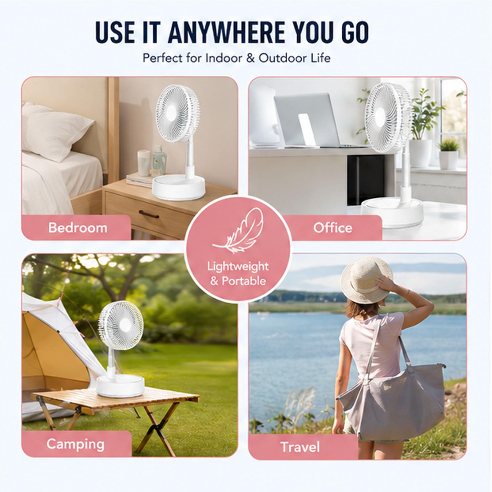 Ventilatore da terra pieghevole con telecomando, oscillante a 180°, 4 velocità, 7200 mAh, ricaricabile, ventilatore telescopico da pavimento e scrivania per casa, stanza, ufficio