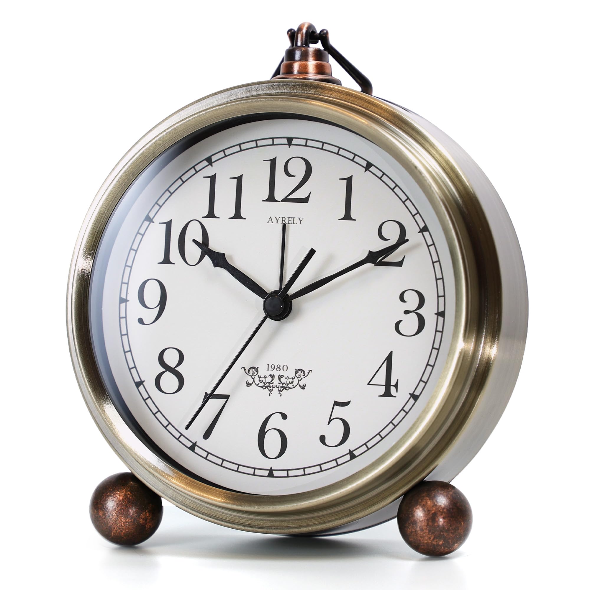 AYRELY® 5.3" Vintage Analogue Alarm Clock, Silent Battery Operated Metal Table Clock with Light, Retro Desk & Bedside Clock for Bedroom, Shelf or Living Room Décor (Gold)