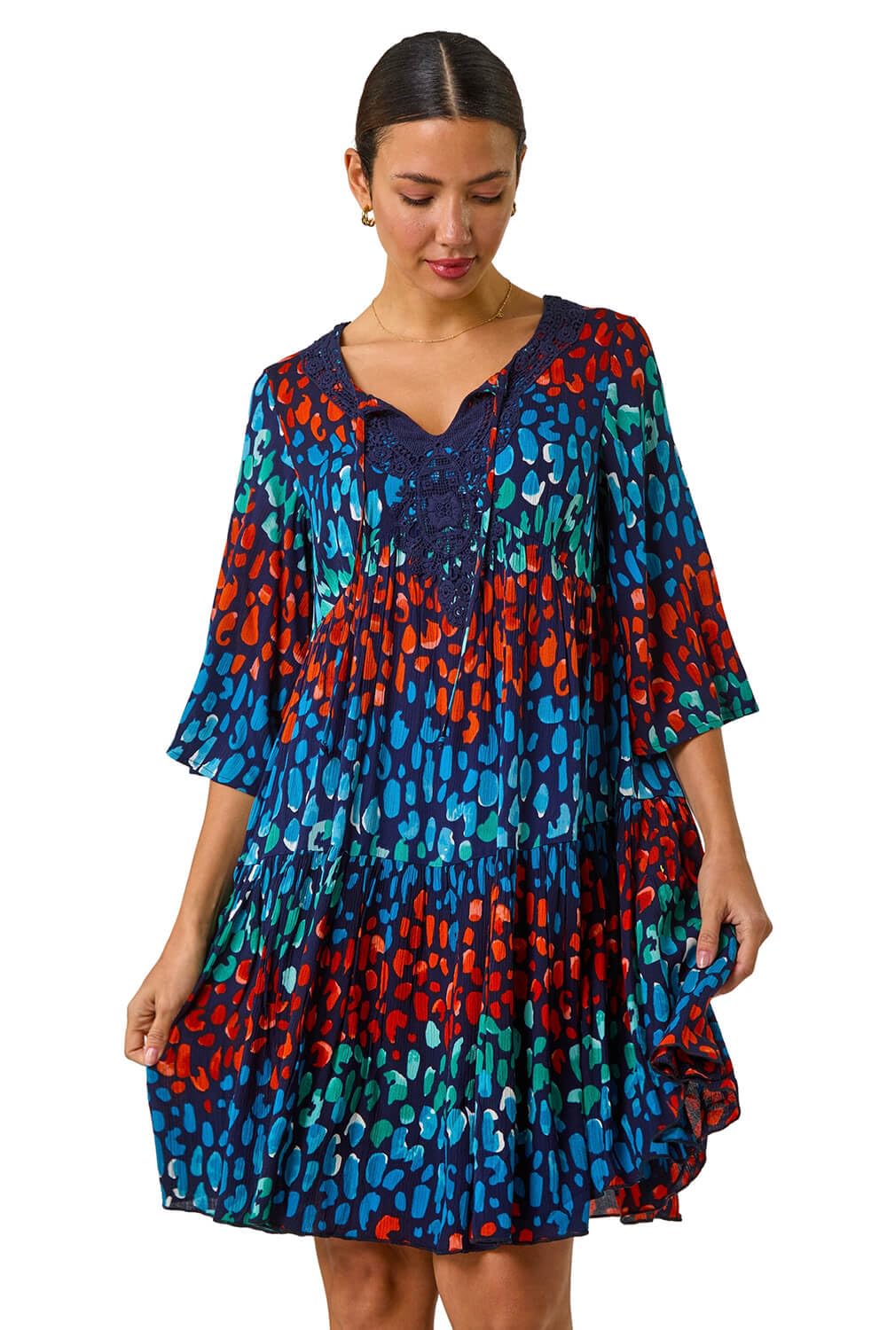 Roman Originals Smock Dress for Women UK Ladies Cotton Summer Embroidered Frilled Tiered Casual Beach Cruise Holiday Cocktail Party 3/4 Sleeve Pull On Gathered Skirt