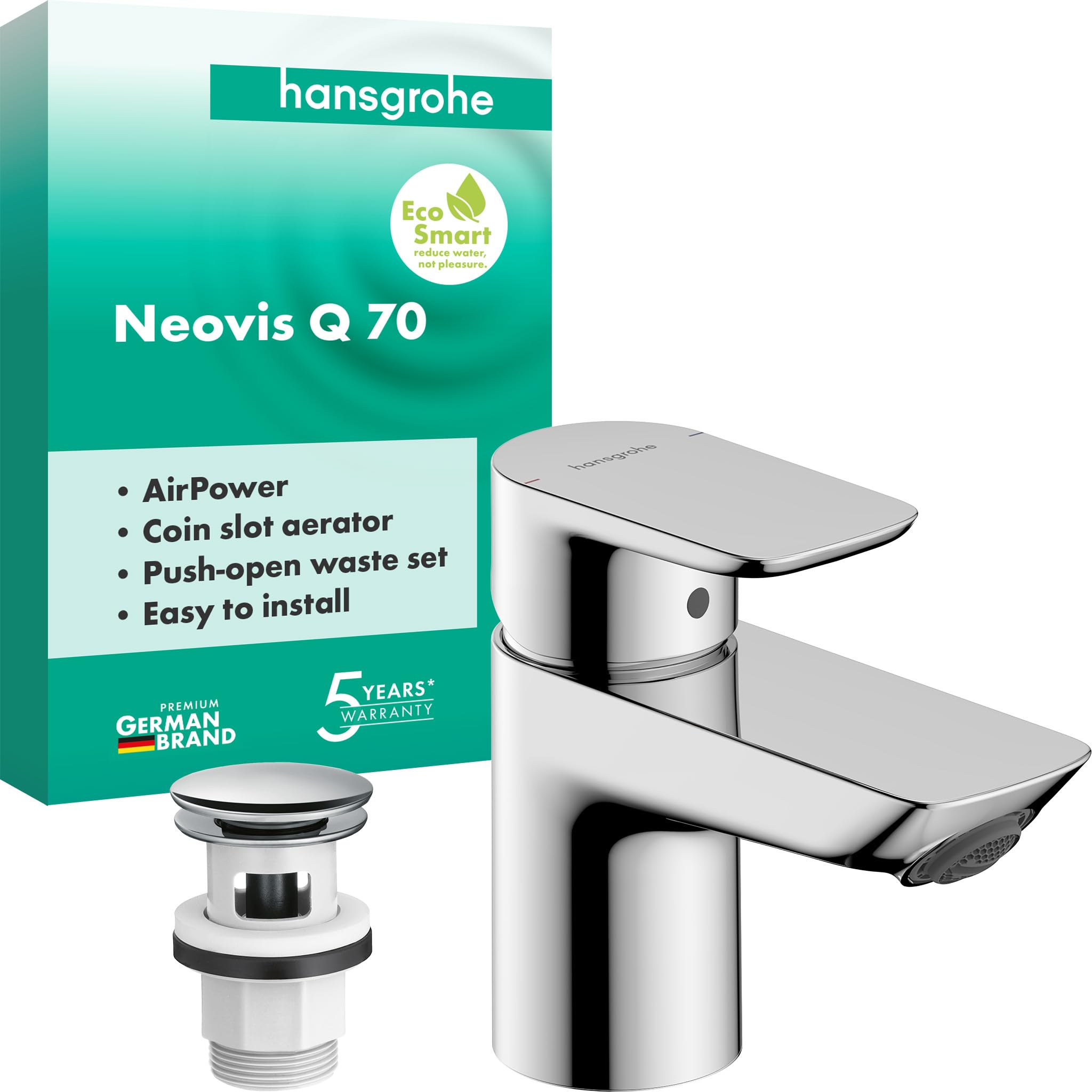 hansgrohe Neovis Q 71346000 bateria umywalkowa z odpływem Push-Open, kran łazienkowy z wylewką, wysokość 63 mm, bateria mieszakowa do umywalki oszczędzająca wodę (EcoSmart), chrom, 71346000