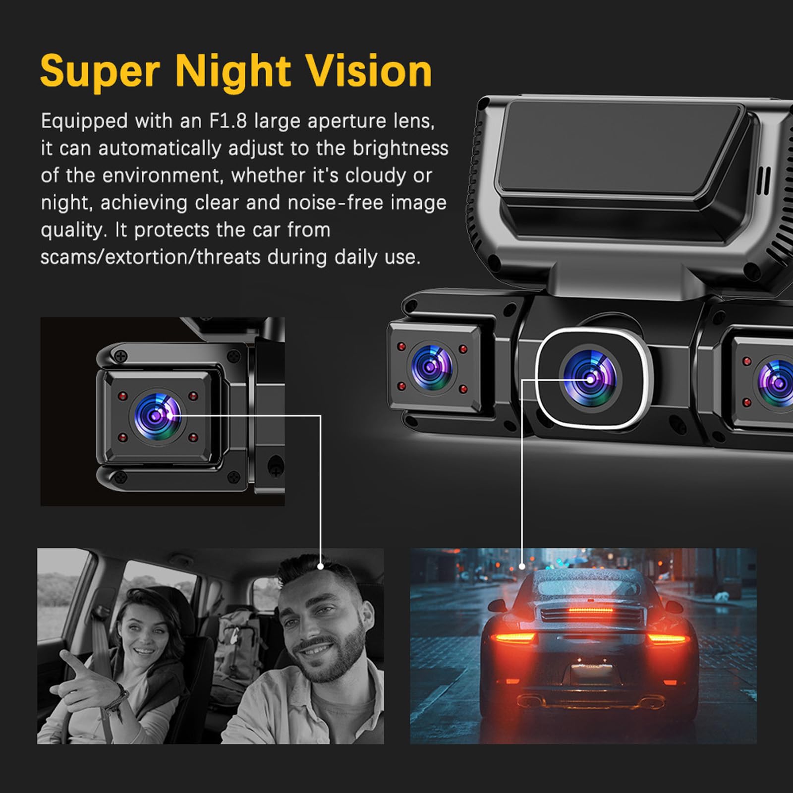 Caméra Embarquée 4 Canaux avec Wi-FI Et Vision Nocturne, Dashcam Voiture sans Fil, Vision À 360°, Ultra Grand Angle 170°,Enregistrement en Boucle Caméra Embarquée, 24h Mode Parking (A,4 Canaux)