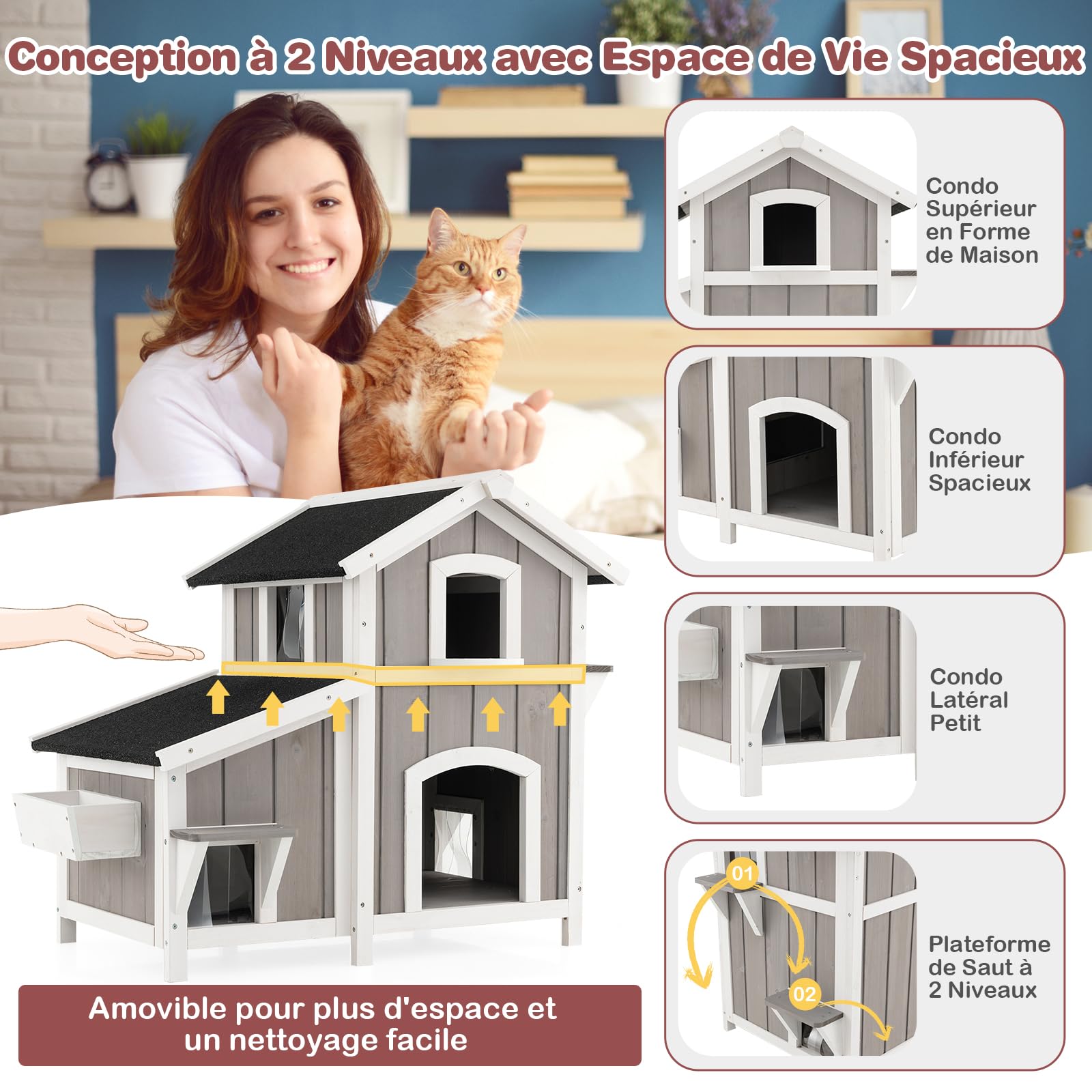 GYMAX Maison pour Chats à 2 Étages, Structure Robuste en Bois Sapin, Toit en Bitumé Imperméable, Fenêtre, Balcon, 2 Plates-Formes de Saut, Niche pour Animaux, pour Intérieur et Extérieur