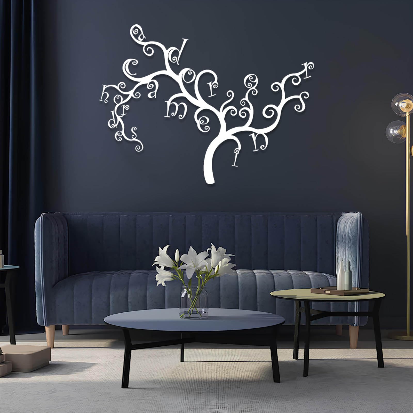 Großes abstraktes Wandbild aus Metall, Lebensbaum-Monogramm-Schild, Buchstabendekoration, Familienkunst, modernes Naturmotiv zum Aufhängen, Wanddekoration für das Wohnzimmer (Silbe