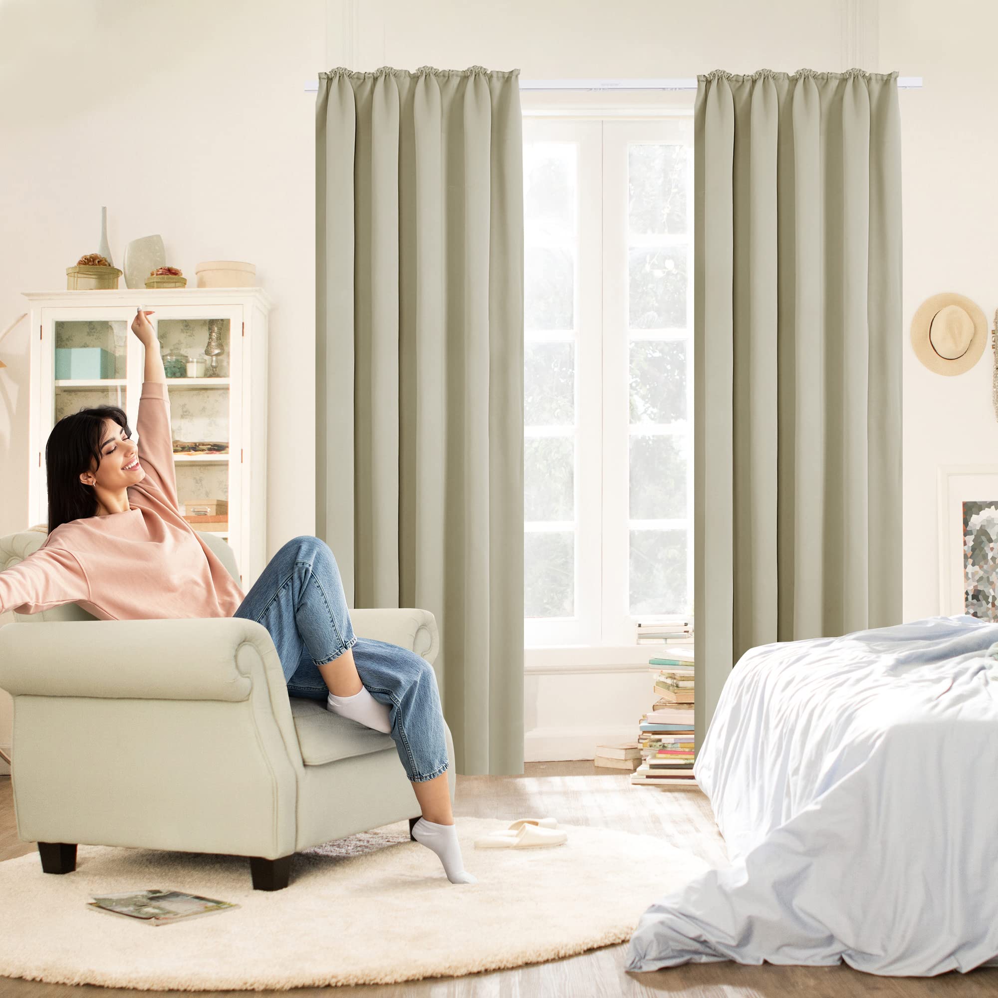 Deconovo Solid Window Treatment Pencil Pleat Curtains Blackout Curtains for Bedroom W55 x L79 Dark Beige One Pair - Image 4