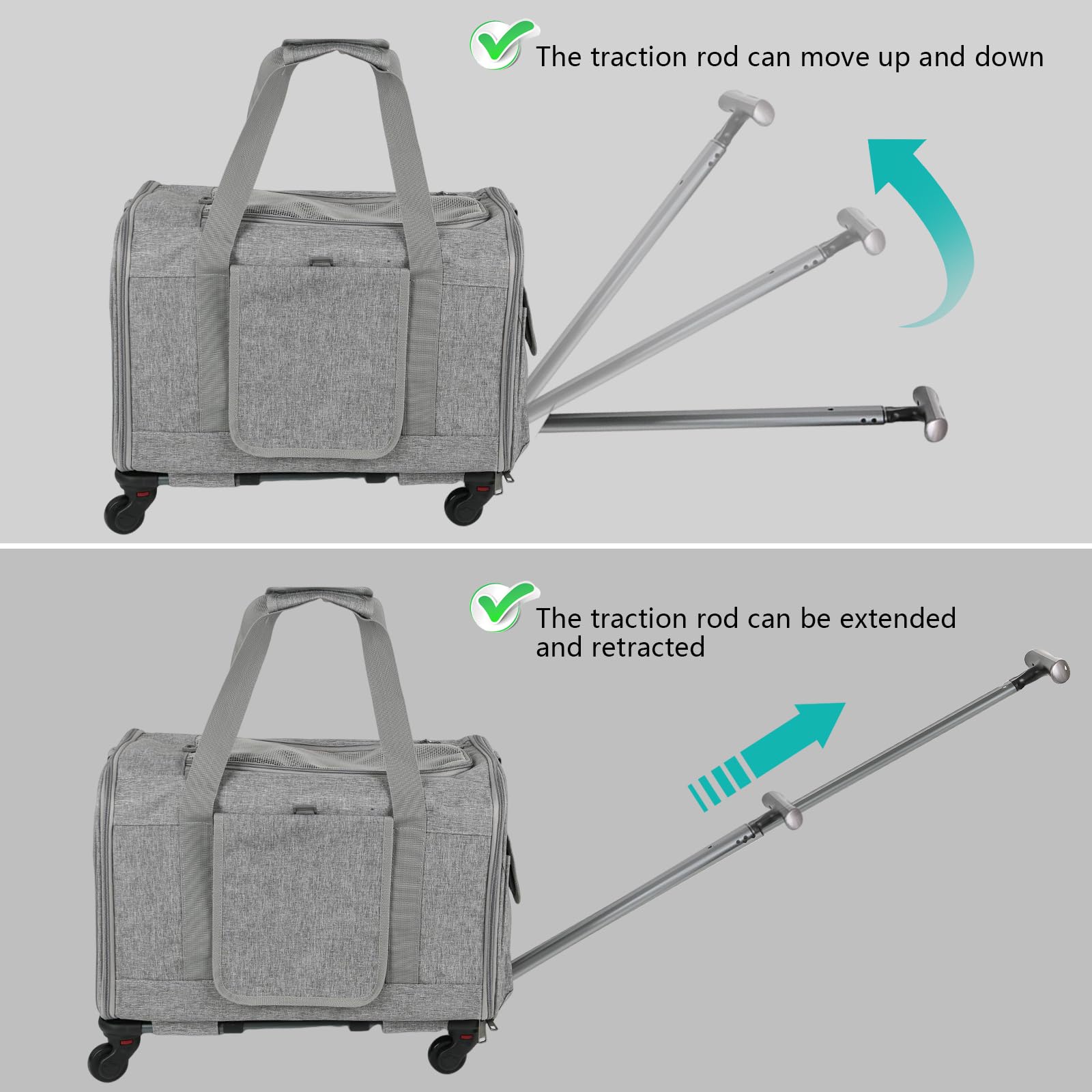 Transporttasche mit Rollen für Katze und Hunde, Tragetasche mit Teleskopgriff und Abnehmbaren Rädern, Faltbare Haustiertrage Transportbox mit Trolley für Kleine Mittelgroße Hund und Katzen (Blau)