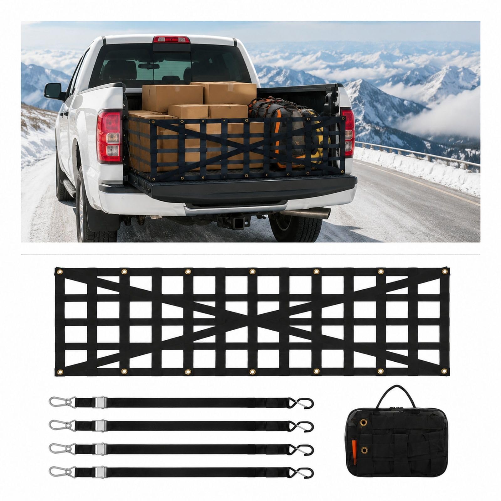 Heckklappennetz für Pick-up mit verstellbarem Kreuzdesign für Ladefläche und Gepäckbereich