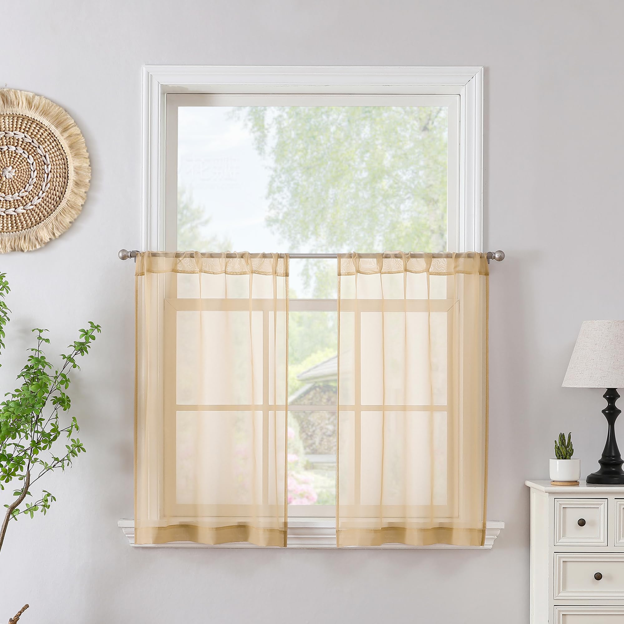 Tollpiz Beige Sheer Tier Curtains Short Kitchen Curtain Tier Rod Pocket Light Filtering Voile Half Window Treatment Drapes for Bathroom, 30 x 24