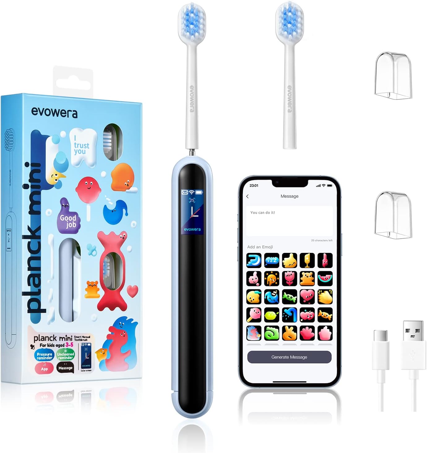 evowera Smart Manual Toothbrush Age 35, Uncleaned Area & Pressure Reminder, Coaching App, Color