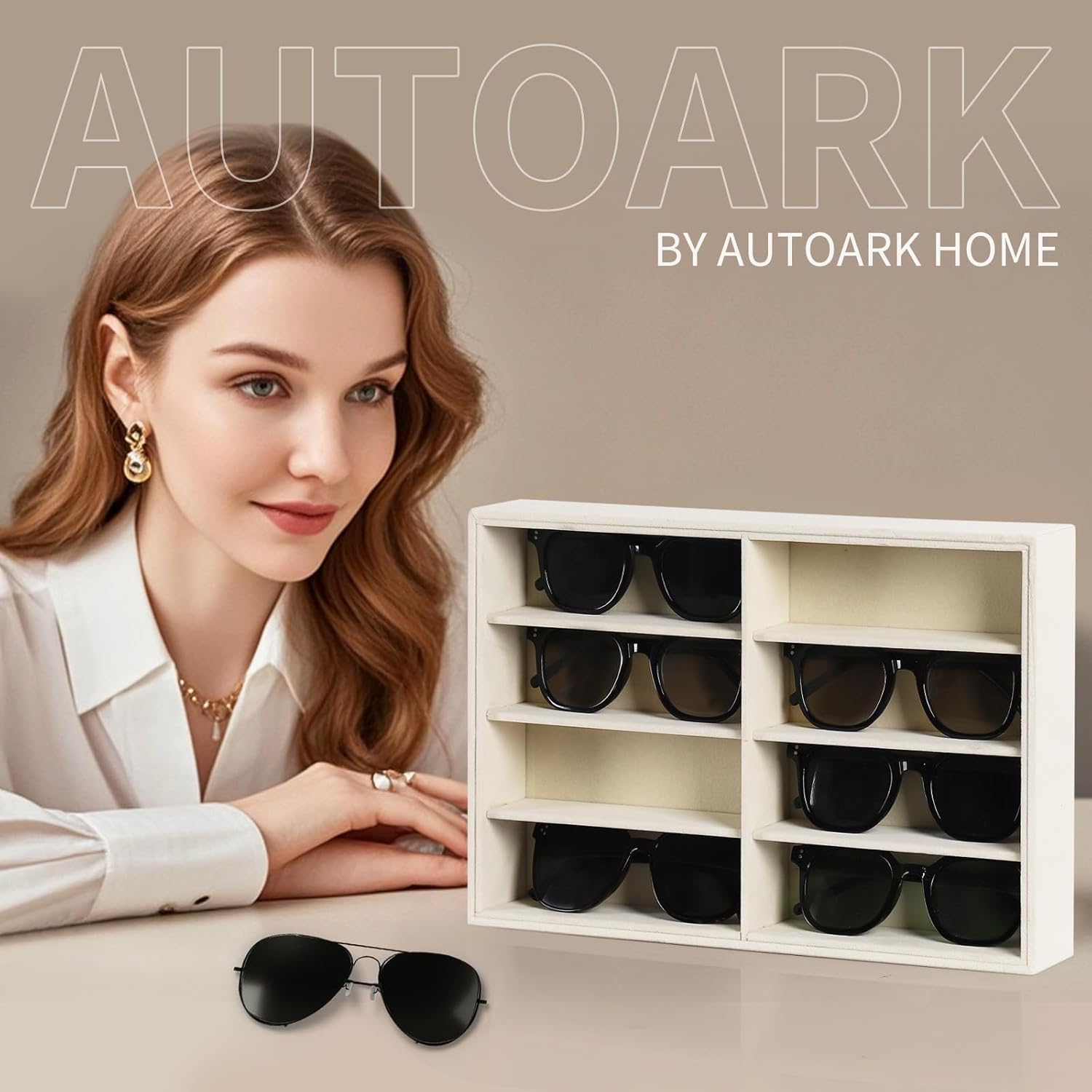 AUTOARK 8 Grid Sunglass Organizer,Eyeglass Eyewear Display Tray,Glasses Watches Jewelry Showcase Display For Men Women,Beige Velvet,MKAJ013 image 7 of 7 B0F8WSMJYV