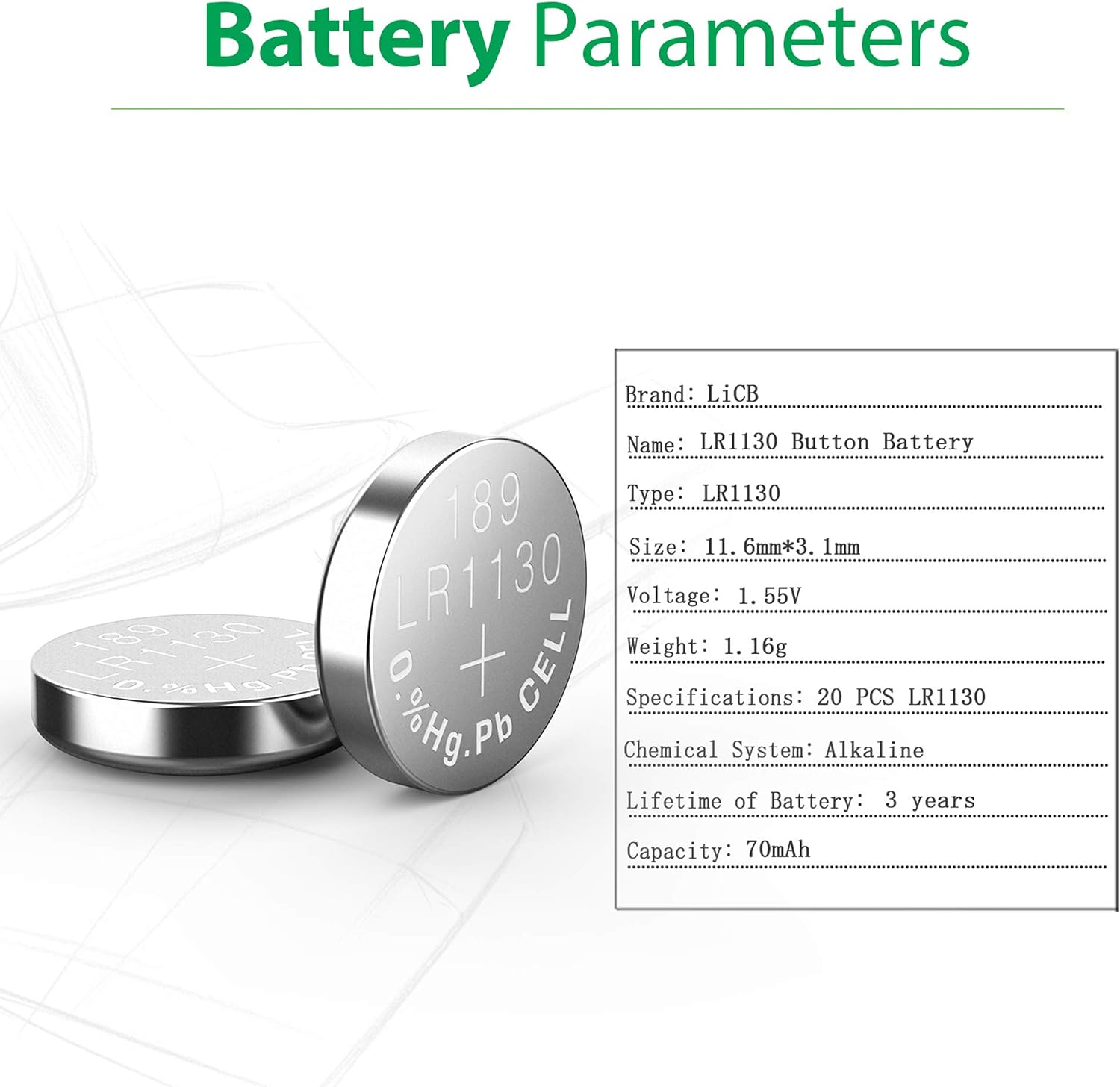 LiCB 20 Pack LR1130 AG10 Battery 1.5V Long-Lasting Alkaline Button Cell Batteries