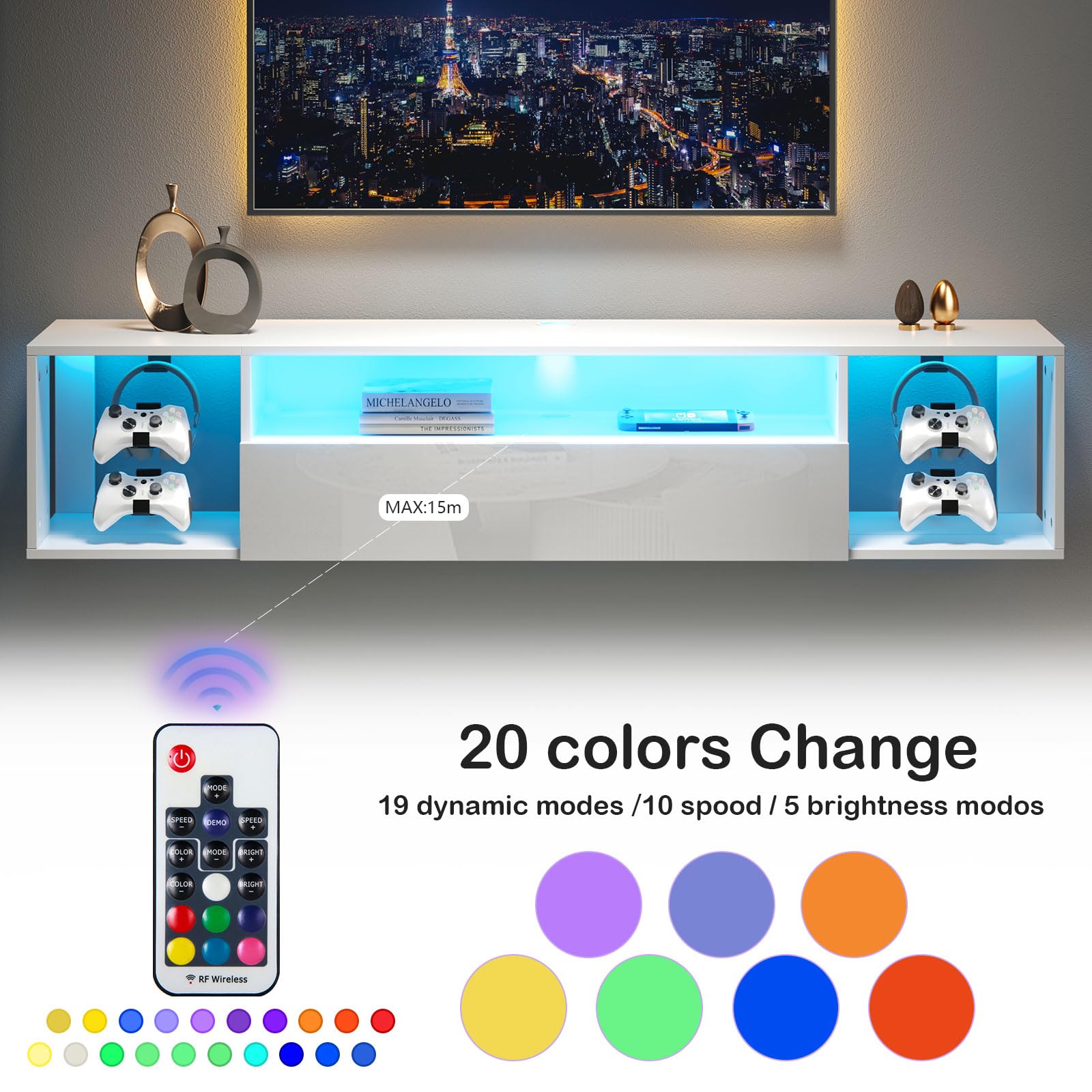 SogosHome Mueble de TV Flotante Soporte TV con Luces LED, Estante de Pared para Consolas y Mandos, Moderno Centro de Entretenimiento Mueble Colgante para Salón Moderno, 140 x 30 x 30 cm