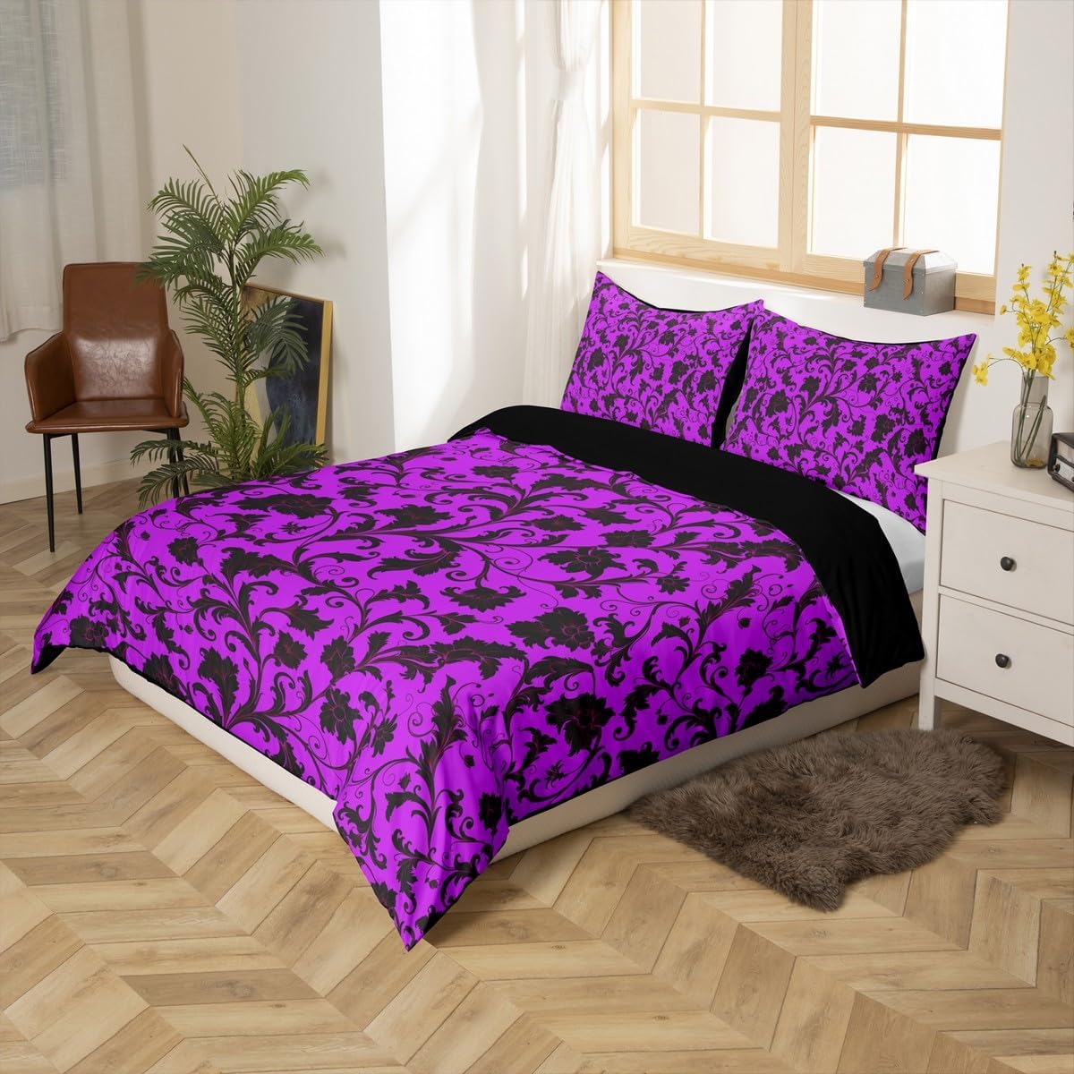 Flowers Art Duvet Cover Set Toddler Size,Purple Black Floral Bedding Set for Kids Boys Girls Room Decor,Botanical Leaf Comforter Cover,Plants Silhouette Quilt Cover with 1 Pillowcase(No Comforter)